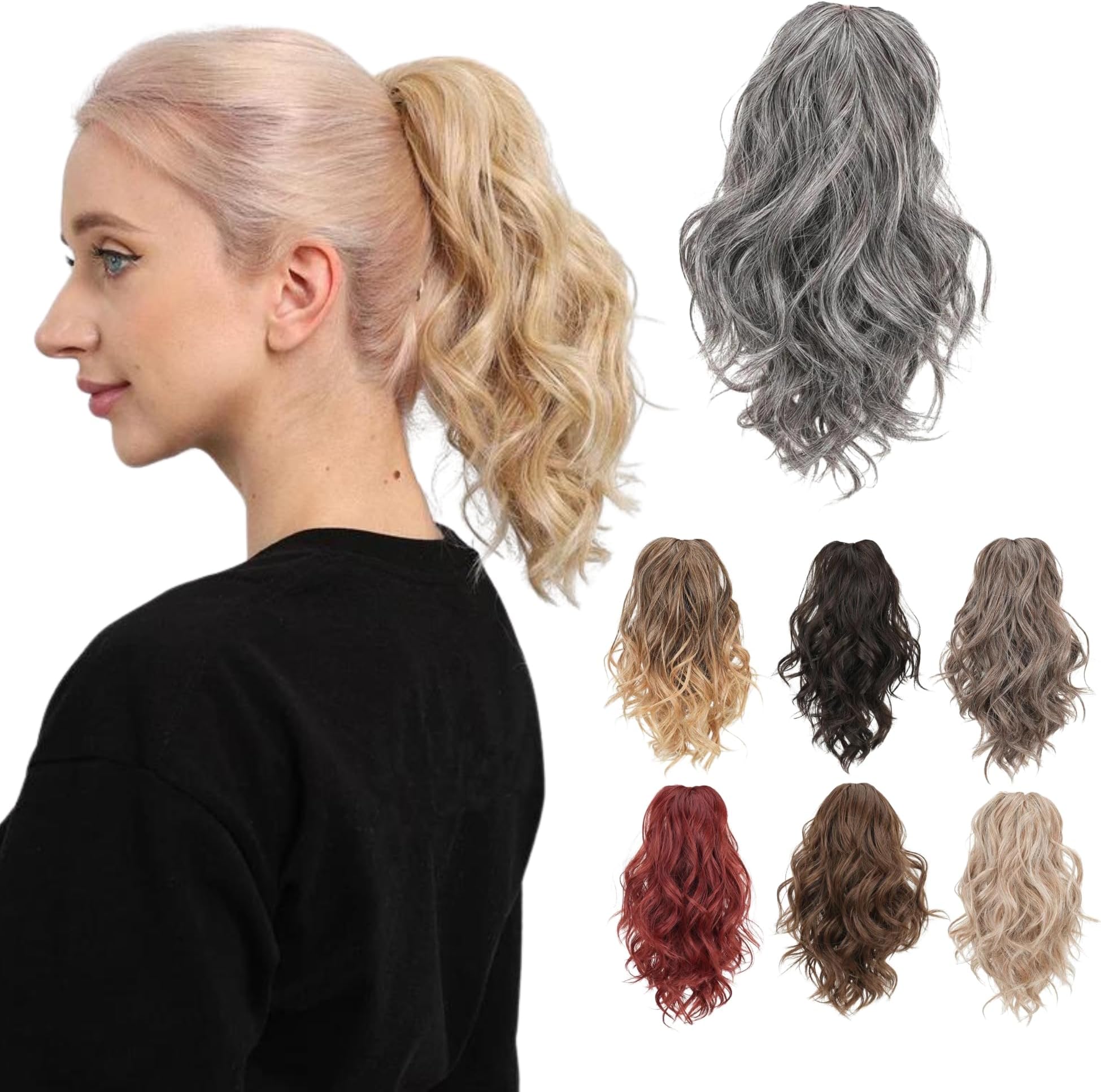 JUVABUN Claw Clip Beach Waves Ponytail Extension 12"-Salt and Pepper |Hair Extension Clips |Ponytail Extension Human Hair |Hair Extensions Washable Realistic And Synthetic Hairpiece | Salt and Pepper