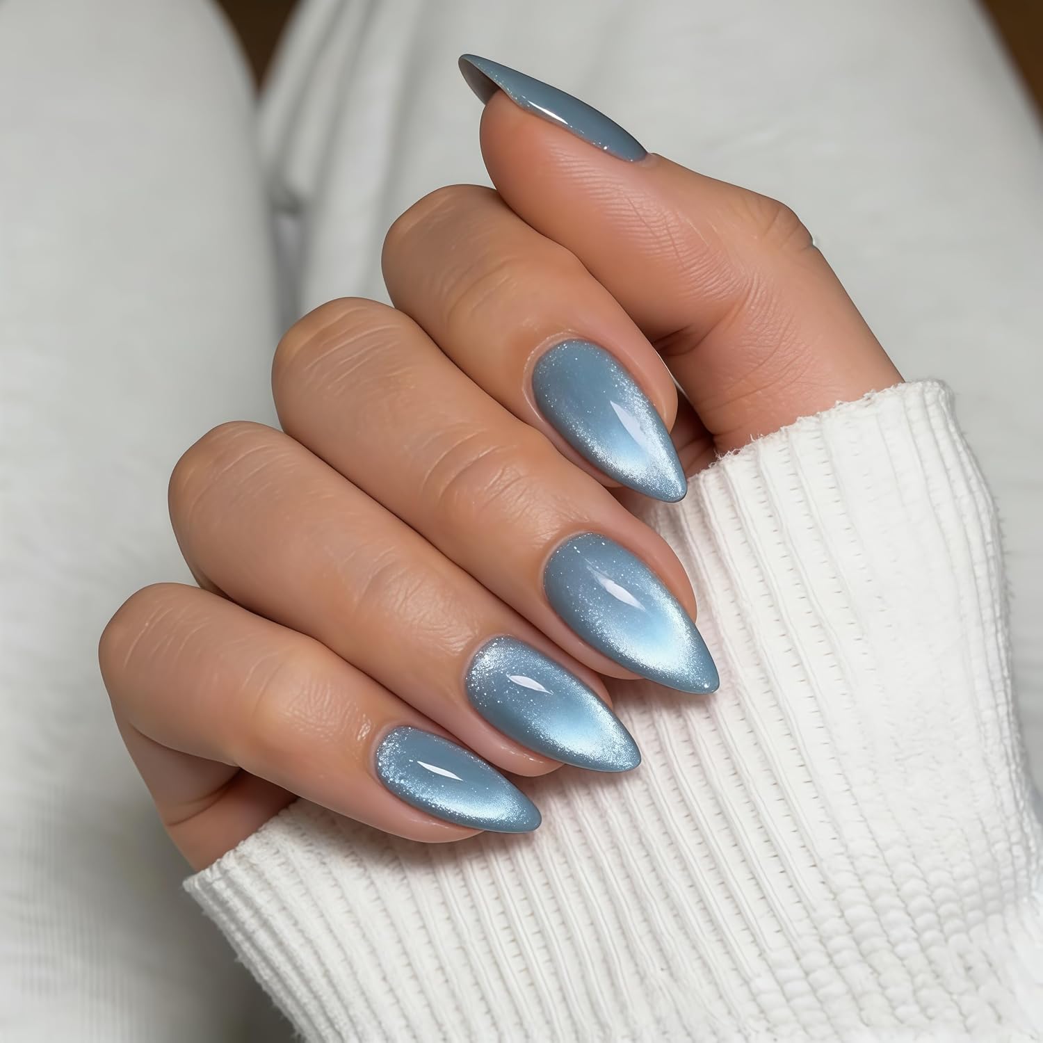 KQueenest Royal Blue Glitter Press on Nails Medium Almond, Iridescent Shimmer Acrylic Fake Nails with Salon UV Finish, Sparkling Gel Nails Press ons, Glossy Flash Glue on Nails for Manicure 24 Pcs