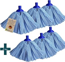 6 x Replacement Heads for Leifheit Classic Mop - Viscose Polyester Stripes Blue Chequered, Absorbent & Streak-Free, for Tiles/Laminate/Wood, Quick Change, Fits 52066/52068/52069/52070/52071