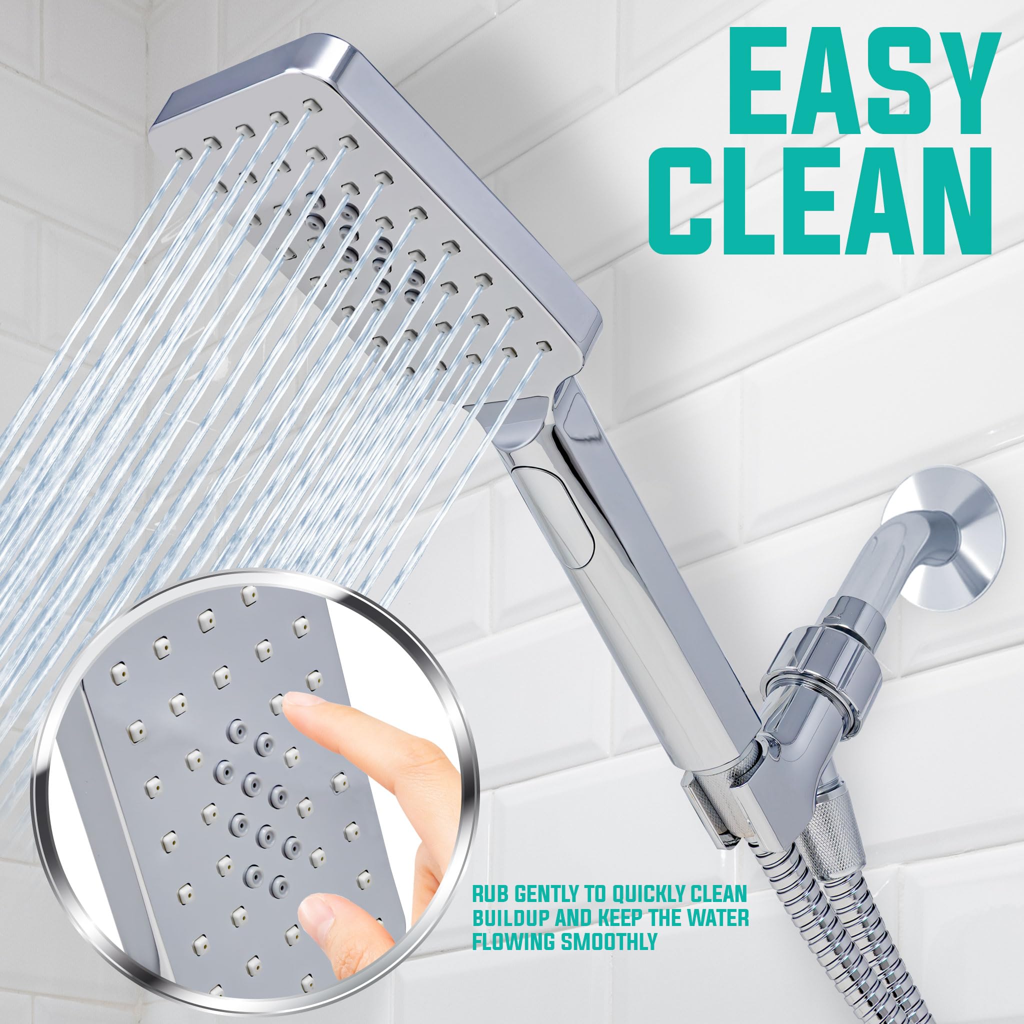 Metpure - Cabezal de ducha de mano de alta presión con fácil clic para múltiples pulverizaciones, cabezal de ducha rectangular ligero de perfil bajo, tubo de acero inoxidable y soporte de montaje