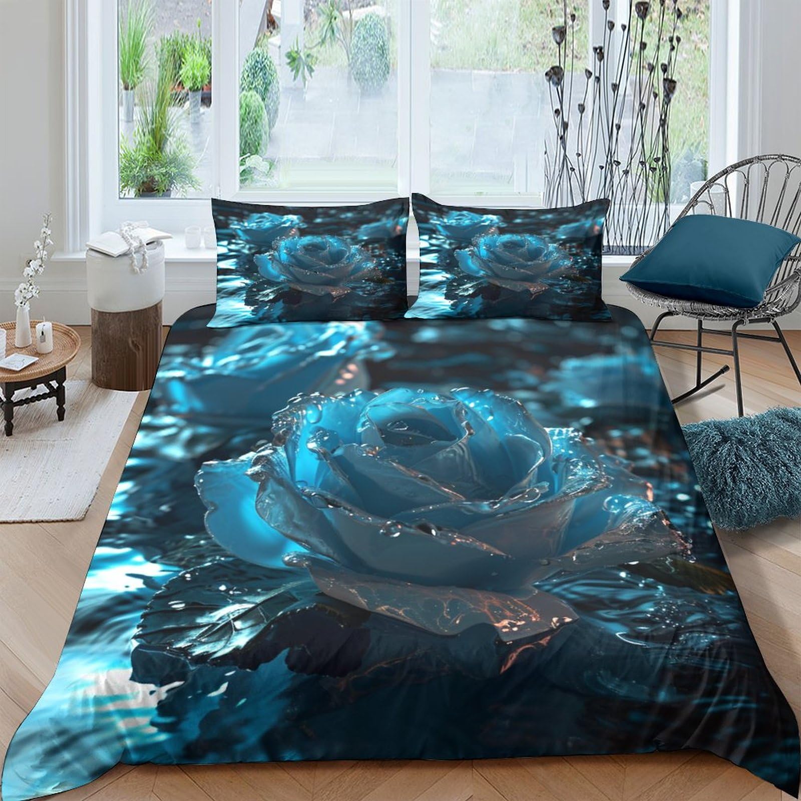 Housse de couette zippée 220x240 anti-glisse ICOBES parure lit microfibre bleu roses 3D