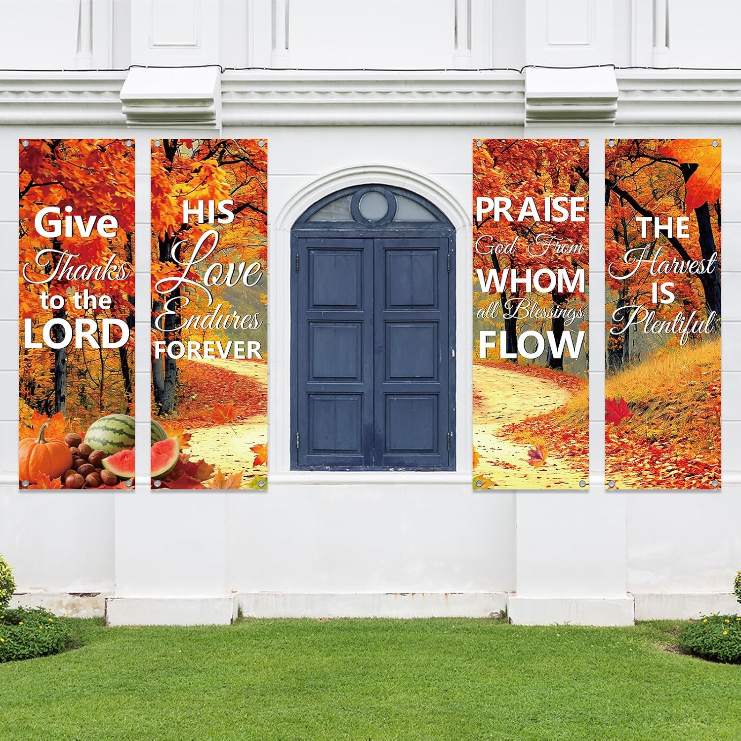 4Pcs Church Banners for Sanctuary Wall Welcome Inspirational Religious Banners Hanging Backdrop Fall Thanksgiving Maple Leaves Trees Church Banner Scripture Bible Verse Banner for Holiday School Decor