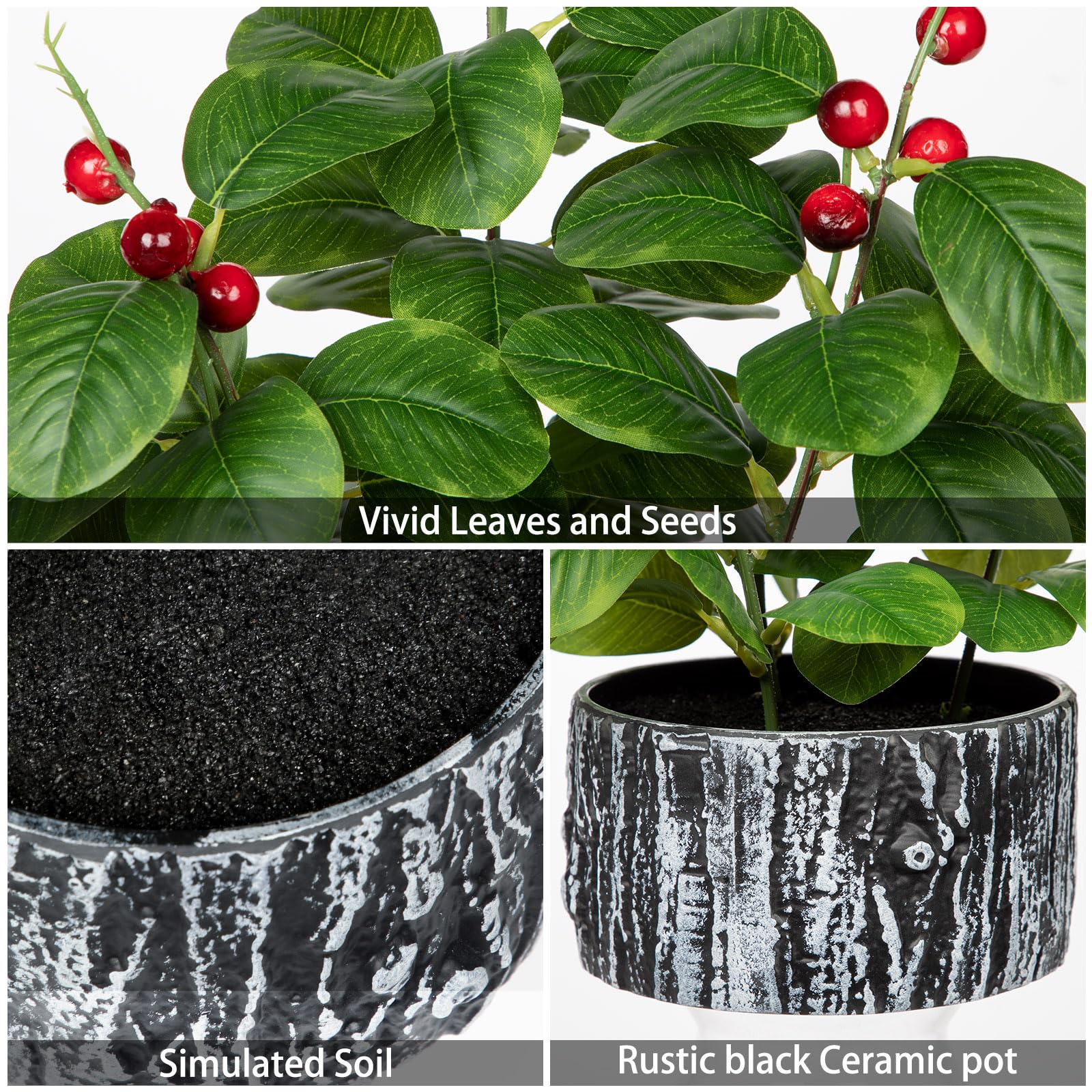 Arborus 16.5" Fake Plants in Pots Artificial Ficus with Red Berries Indoor Faux Green Plants with Black and White Striped Pots Artificial Greenery for Home Decor - Image 3
