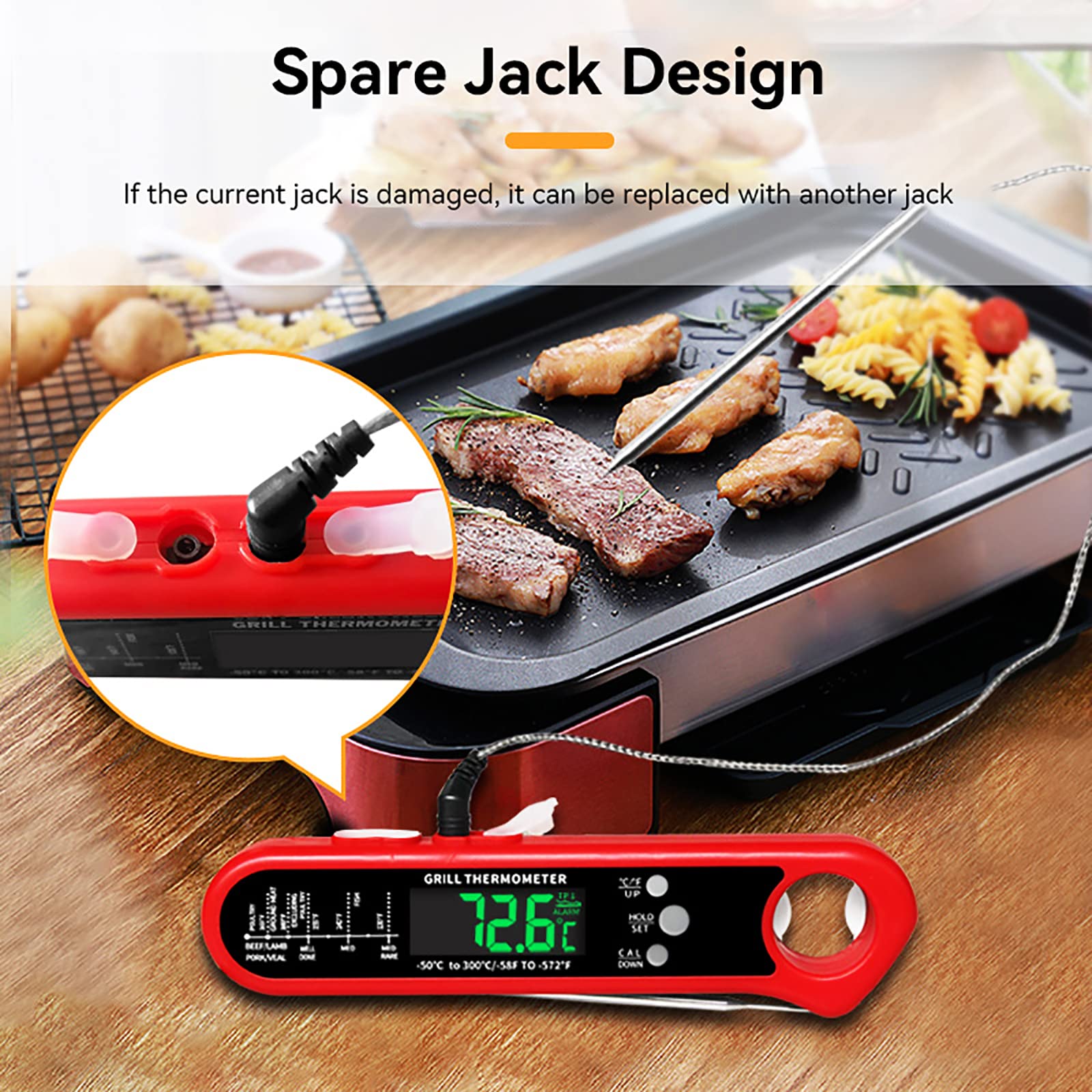 Fleischthermometer, sofort ablesbares Fleischthermometer mit Alarm- und Kalibrierungsfunktion, faltbares Grillthermometer mit Zwei Sonden, schnell genau, für Küche, Grillen im Freien