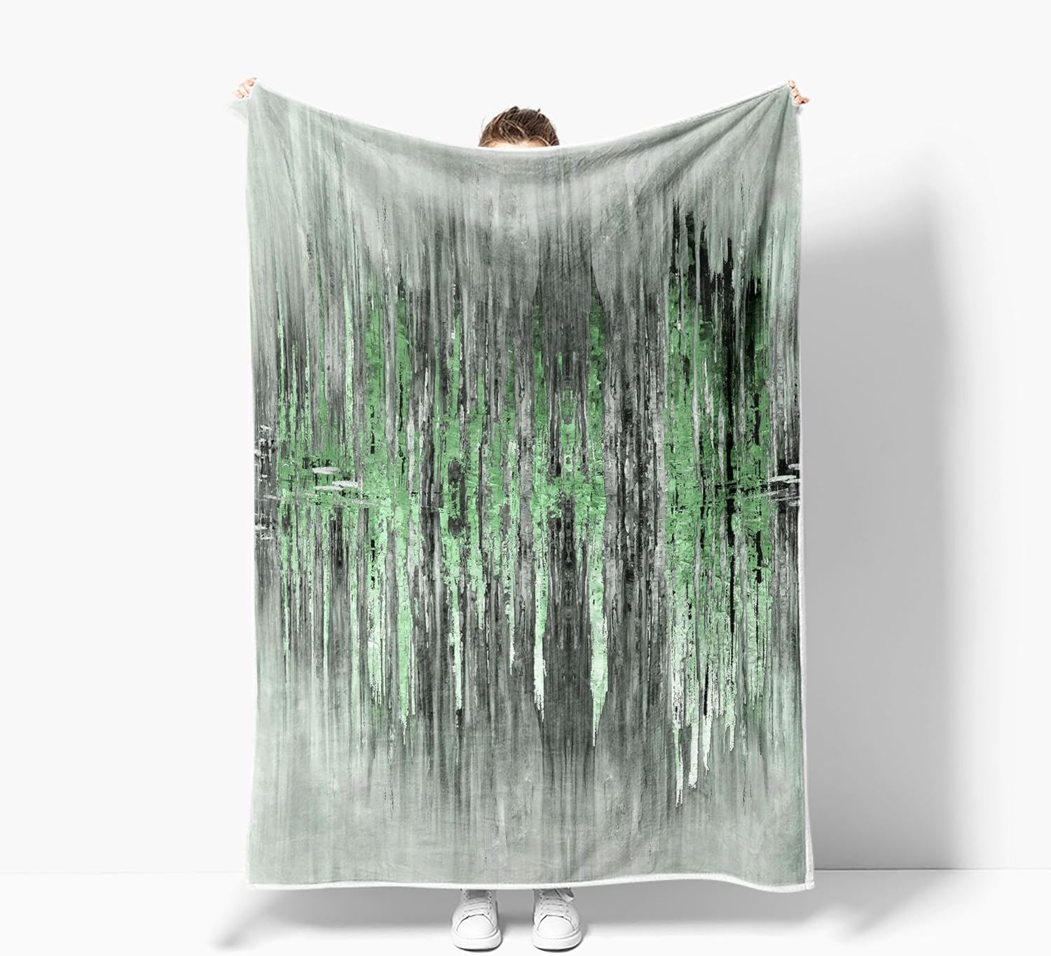 Abstract Throw Blankets, Modern Green Gold CrackNon Cozy Warm Bed Couch Blanket, Stripe Contemporary Abstract Painting White Fleece Flannel Throws to Decorate The Room and Bedroom