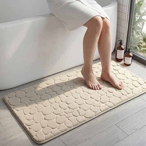 Memory Foam Runner Rug, Cobblestone Bathroom Runner Rugs Super Water Absorbent Bath Mats for Bathroom Machine Washable Bath Rugs for Hallway Bedroom Laundry Room(24 x47,Khaki)
