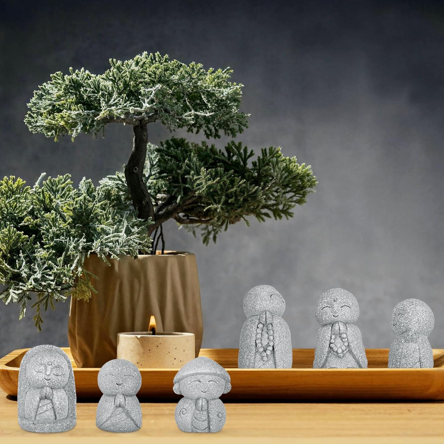 6-Piece Japanese-Style Jizo Mini Buddha Statue Set - Healing Zen Garden Decor & Cute Desk Accessories for Stress Relief - Waterproof Sandstone Figurines for Bonsai, Aquariums & Empathy Gifts