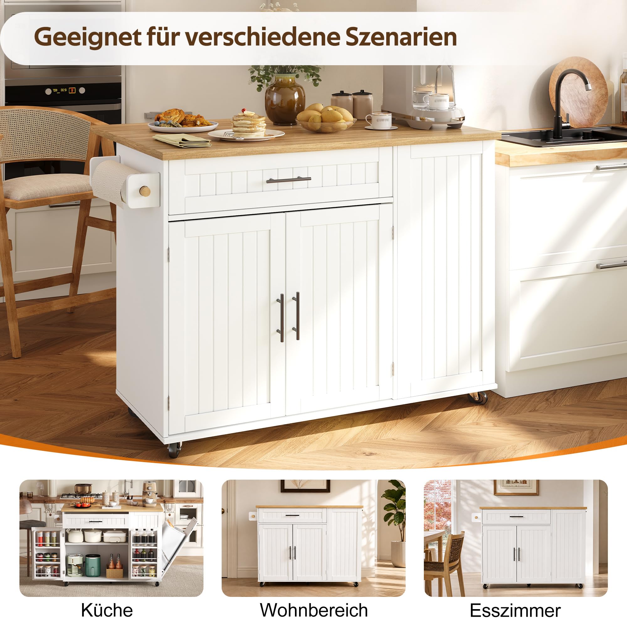 Kücheninsel mit Klappbare Arbeitsplatte(45–70 cm), Hochglanz Küchenschrank mit Mülleimerschrank und Ablage über der Tür, Küchenkommode mit Feststellbare Rollen, für Esszimmer/Küchen