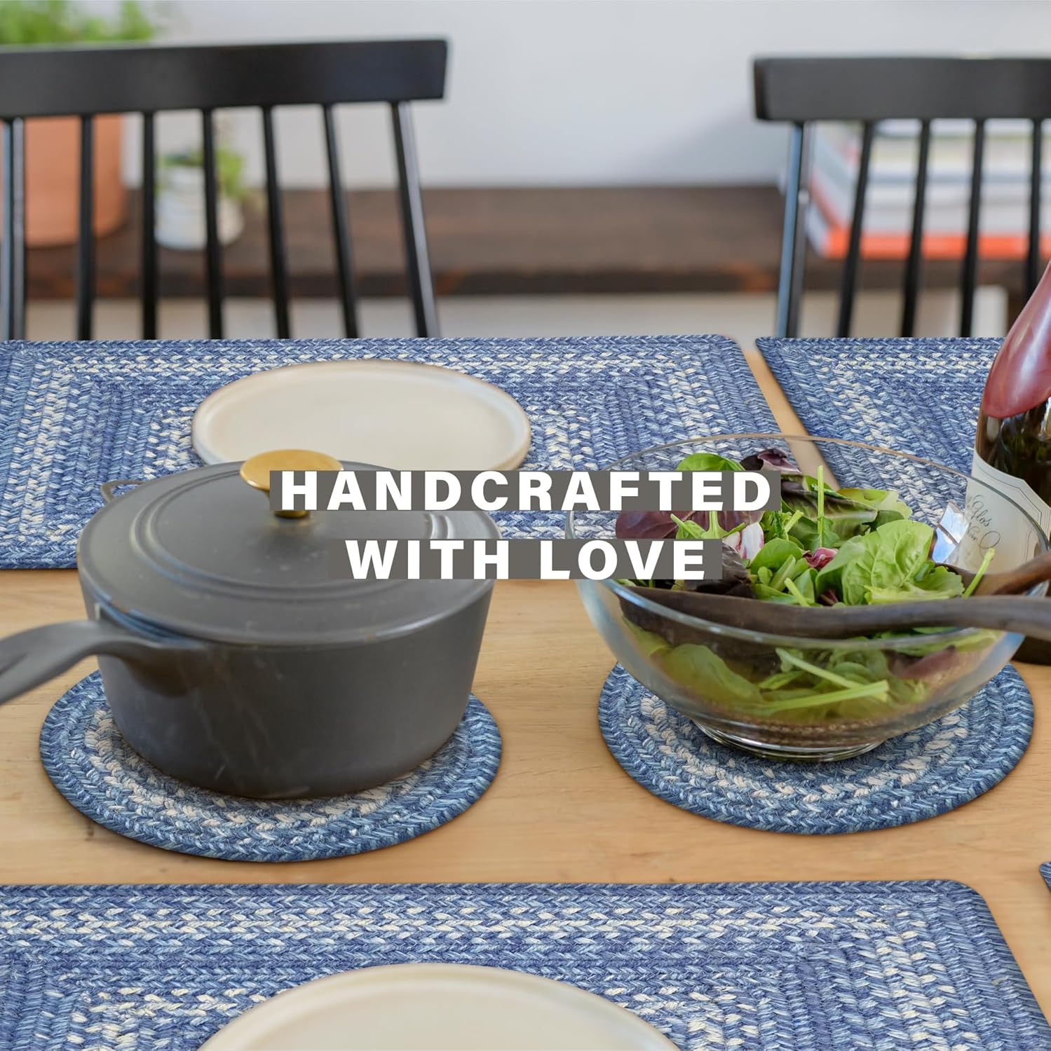 Homespice Denim Jute Braided Kitchen Trivets for Hot Dishes, Country Coastal Decor, Set of 6, Blue 8" Round Heat Resistant Mats - Rich Colors, Easy to Clean, Durable and Protects Furniture