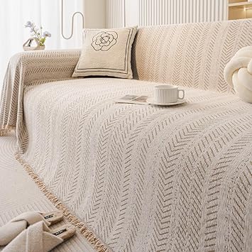 Chenille Sofa Cover Blanket for Sectional Couch Striped Pattern Non-Slip Sofa Luxury Slipcover Protector All-Seasons Washable Anti-Scratch Dog Couch CoverLight Khaki,180 * 260cm
