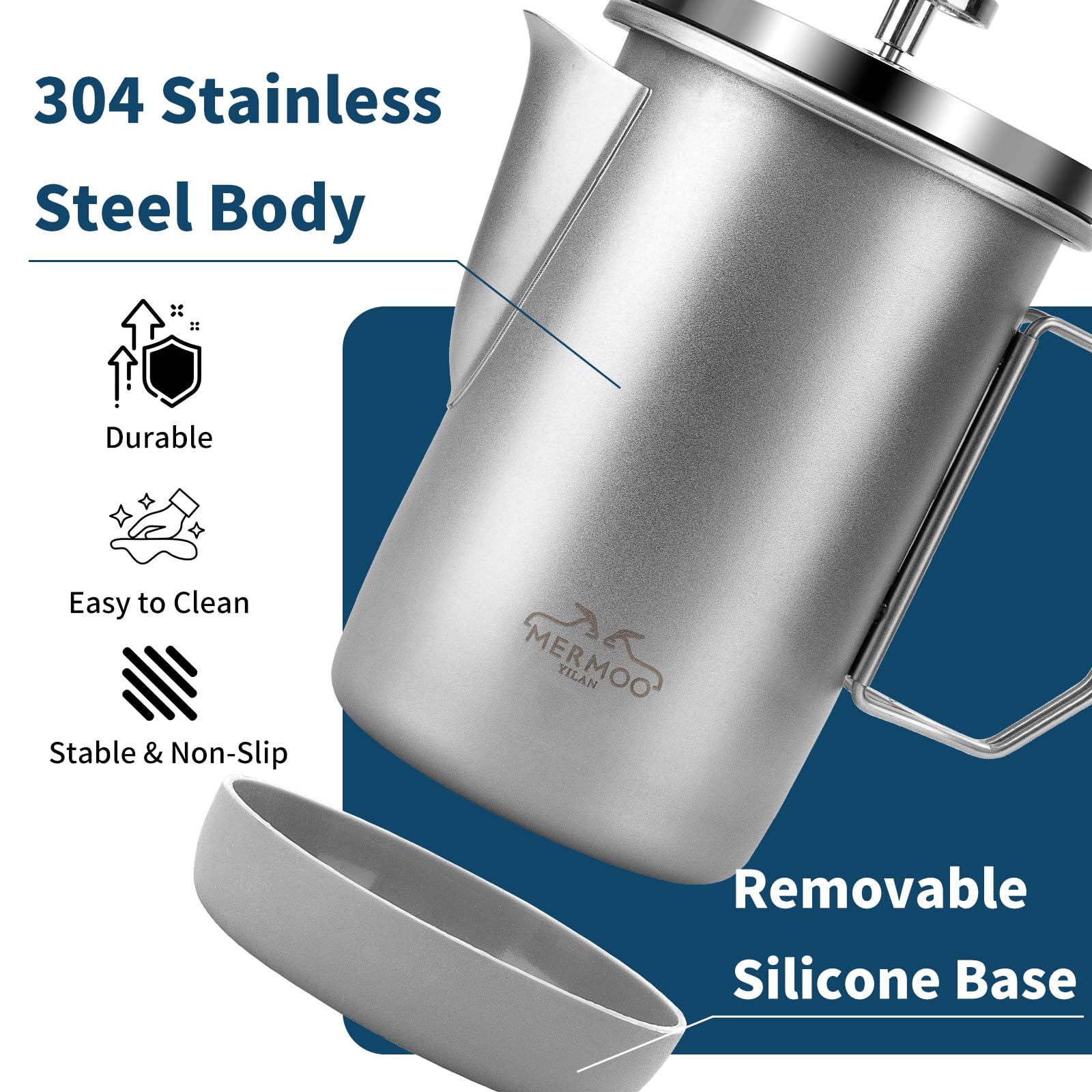 MERMOO YILAN French Press - Cafetera manual de 1000 ml para 4-6 tazas, mango plegable, prensa de café aislada portátil para camping, viajes, uso doméstico (plata)