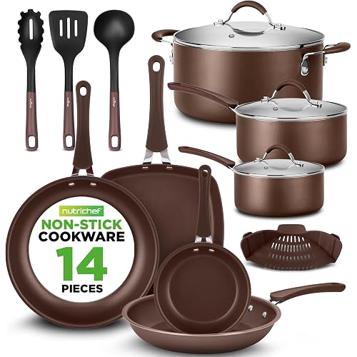 NutriChef 14-Piece Nonstick Brown Cookware Set - Scratch-Resistant Kitchen Pots and Pans with Lids & Utensils, For All Cooktops - NCCW14SBR