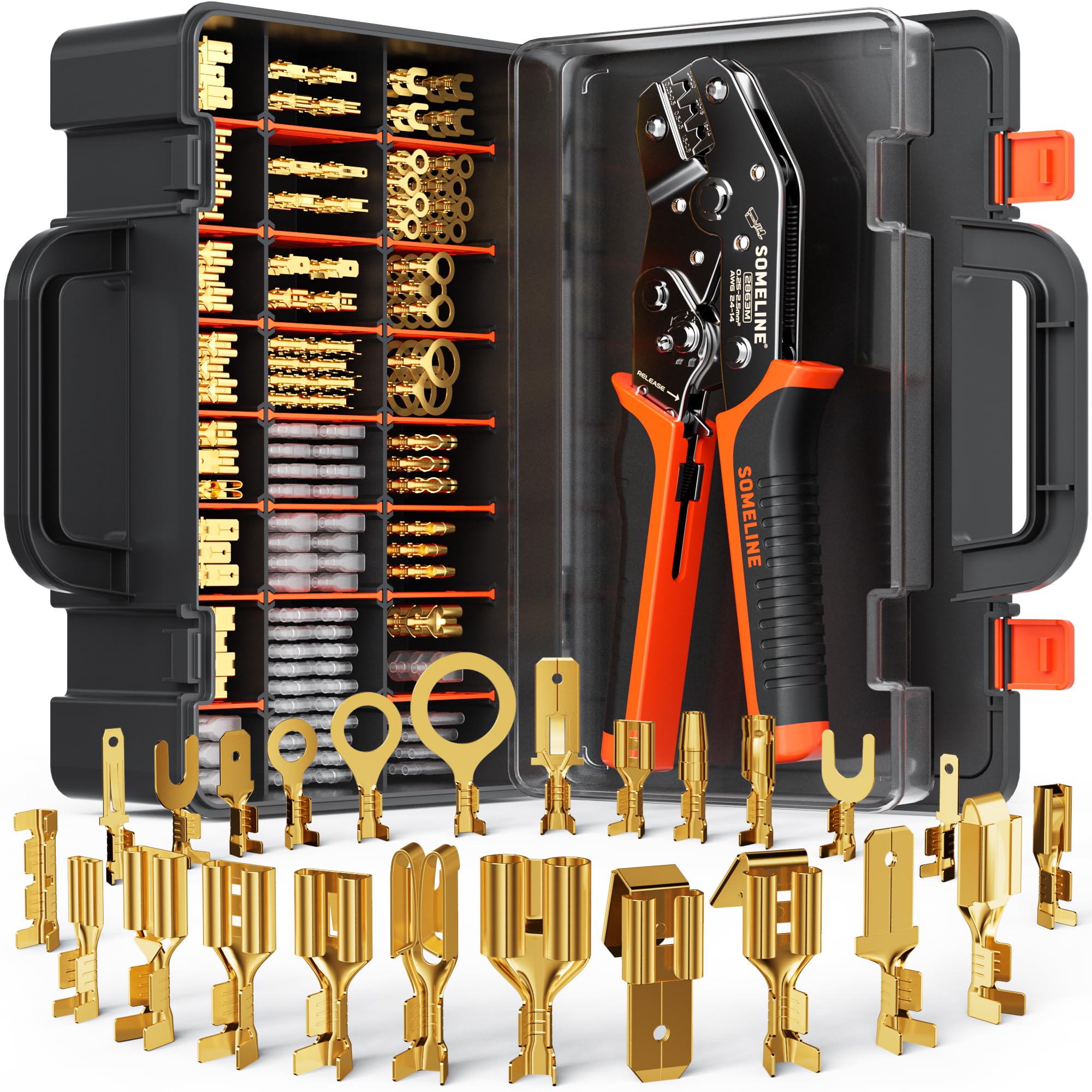 SOMELINE Crimping Tool Set with 20 Sizes Wire Connector Set, Crimp Plier 0.25-2.5mm²(AWG 24-14) Non-Insulated Open Barrel Terminals Wire Splices Brass Spade Connector