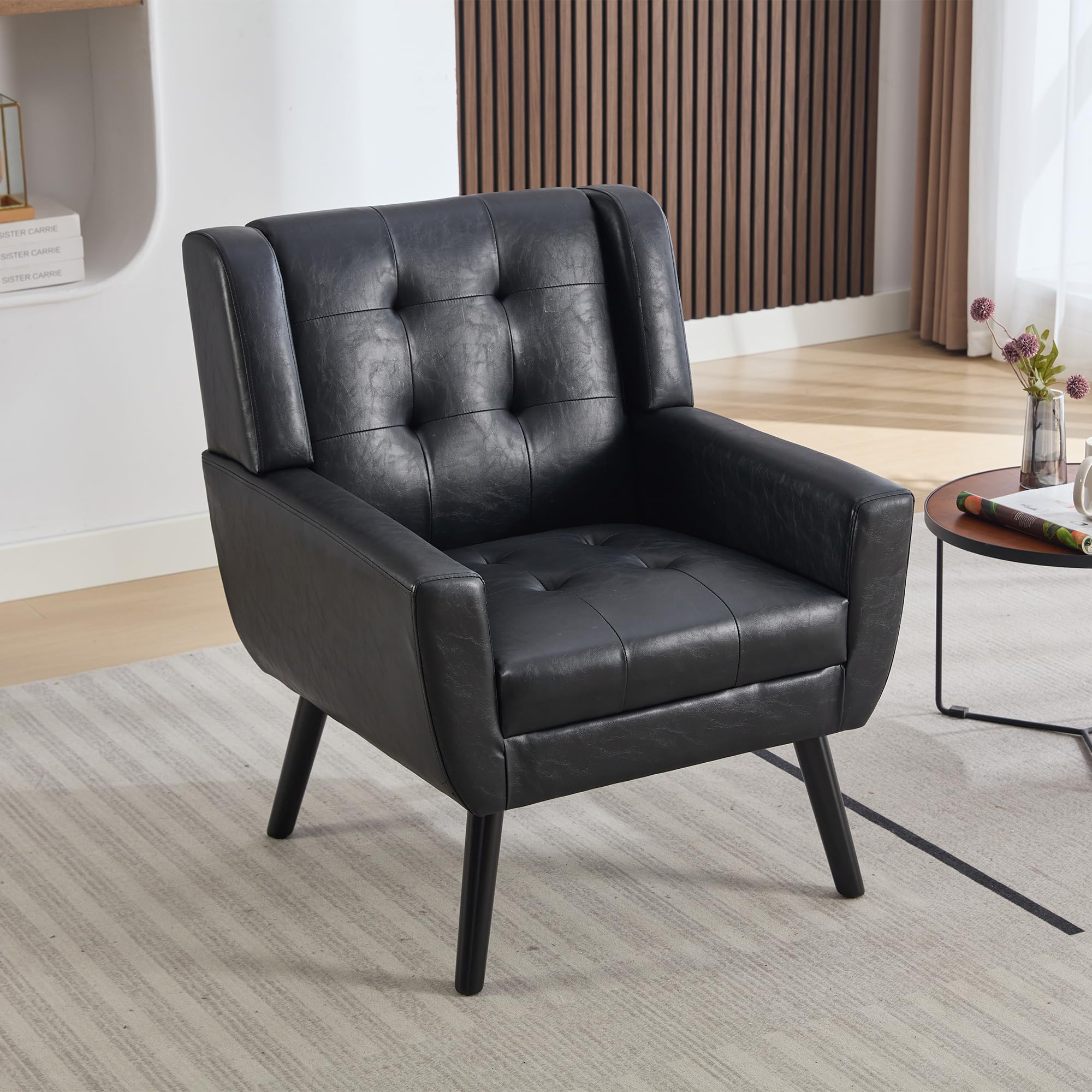 Living Room Chair, PU Accent Chair Mid-Century Modern Style with Button Tufted for Bedroom, Reading Room, Living Room, Lounge Chair Indoor, Black