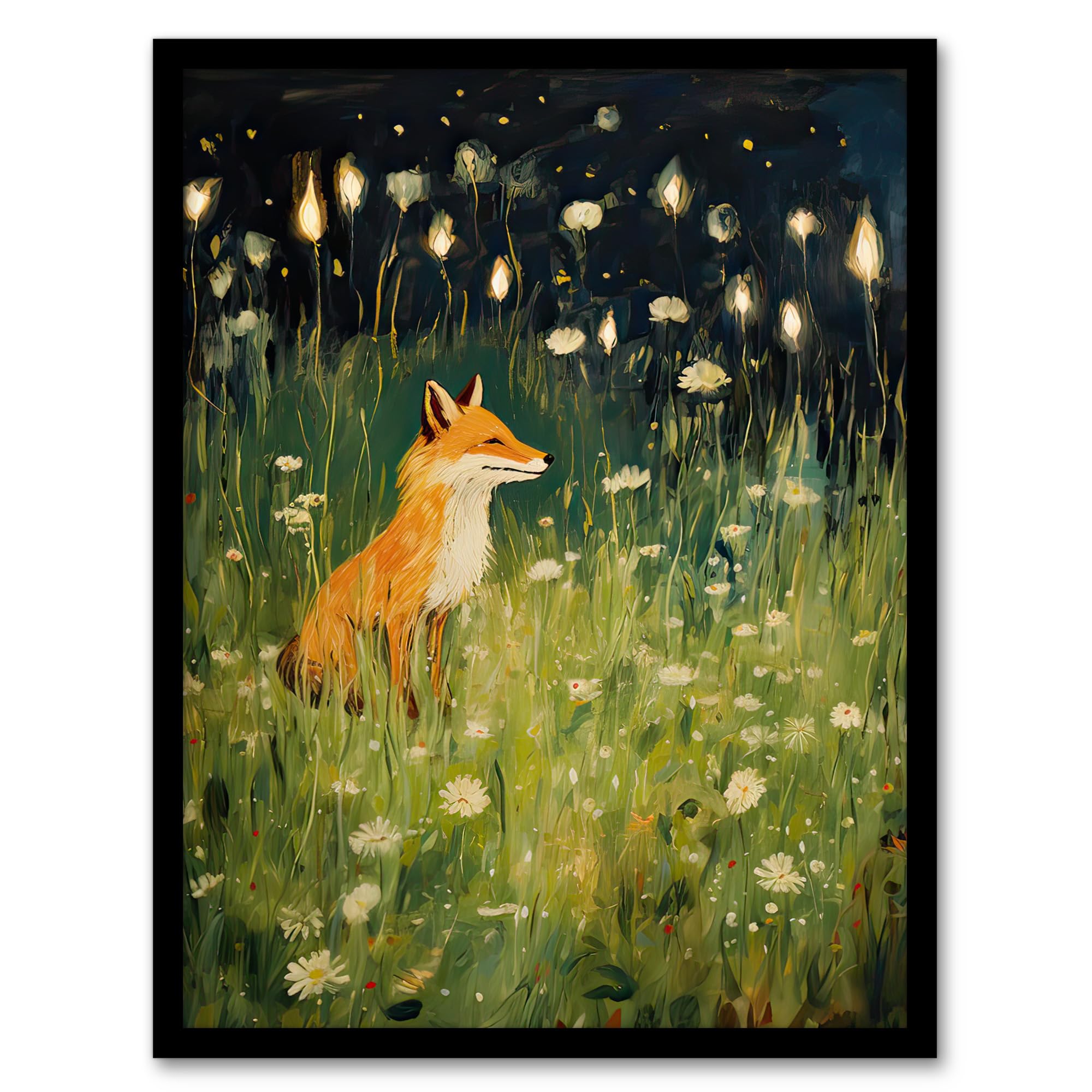 Artery8 Multi Happy Fox In White Flower Meadow At Night Orange Green Framed Art Print A4