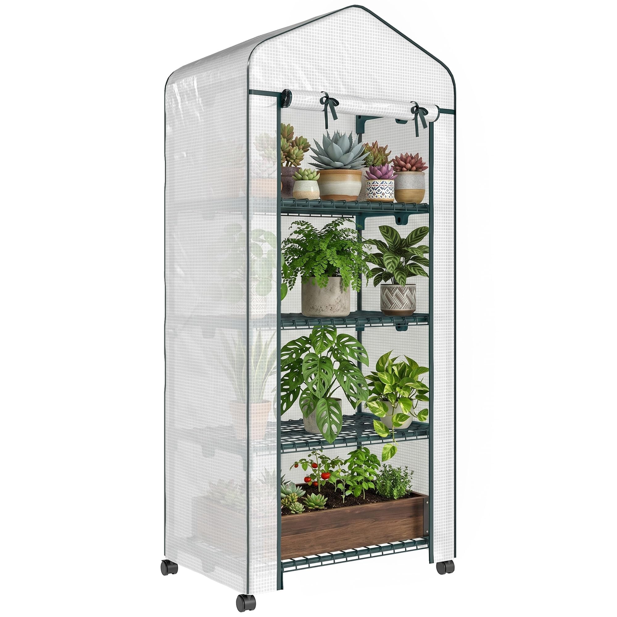 Serra Outsunny con rotolo, ripiani, serra in film d'acciaio resistente all'inverno, serra per balcone, giardino, casa per pomodori 69 x 50 x 165 cm, serra per pomodori, fiori, piante, bianco