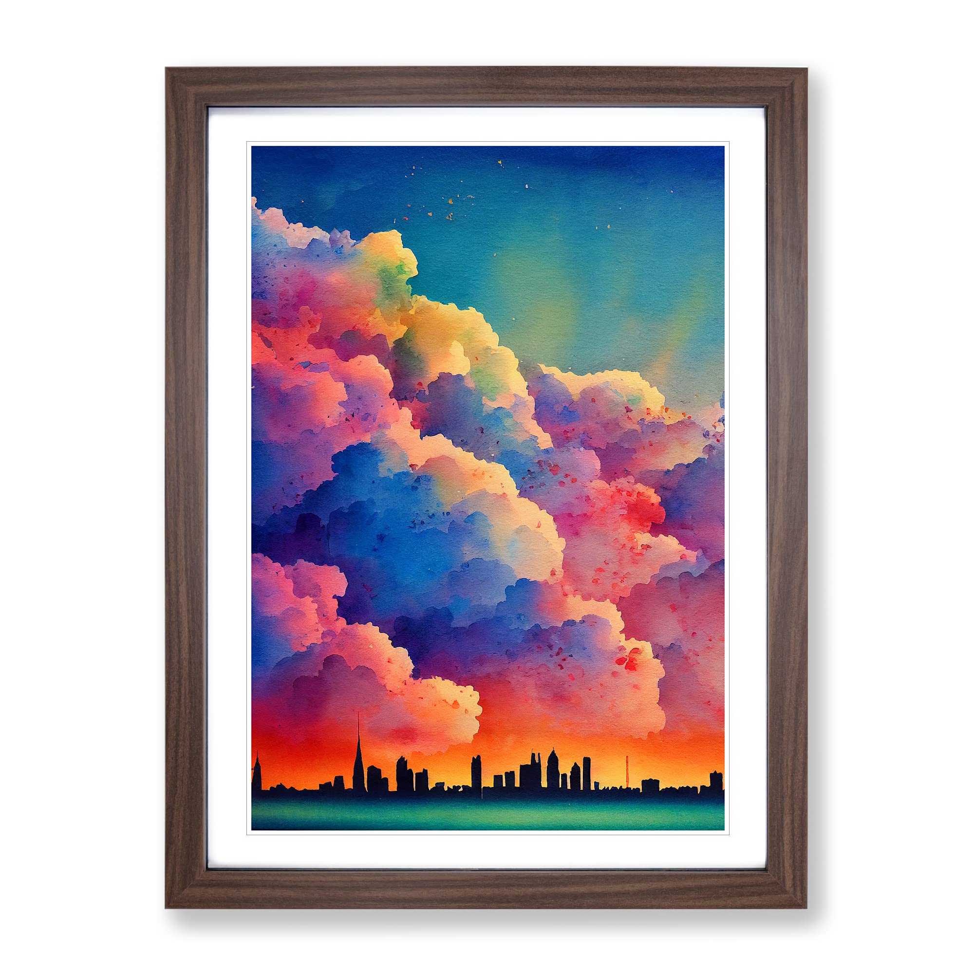 Watercolour City Skyline Clouds No.5 Framed Print, Walnut, A3 (34 x 46 cm)