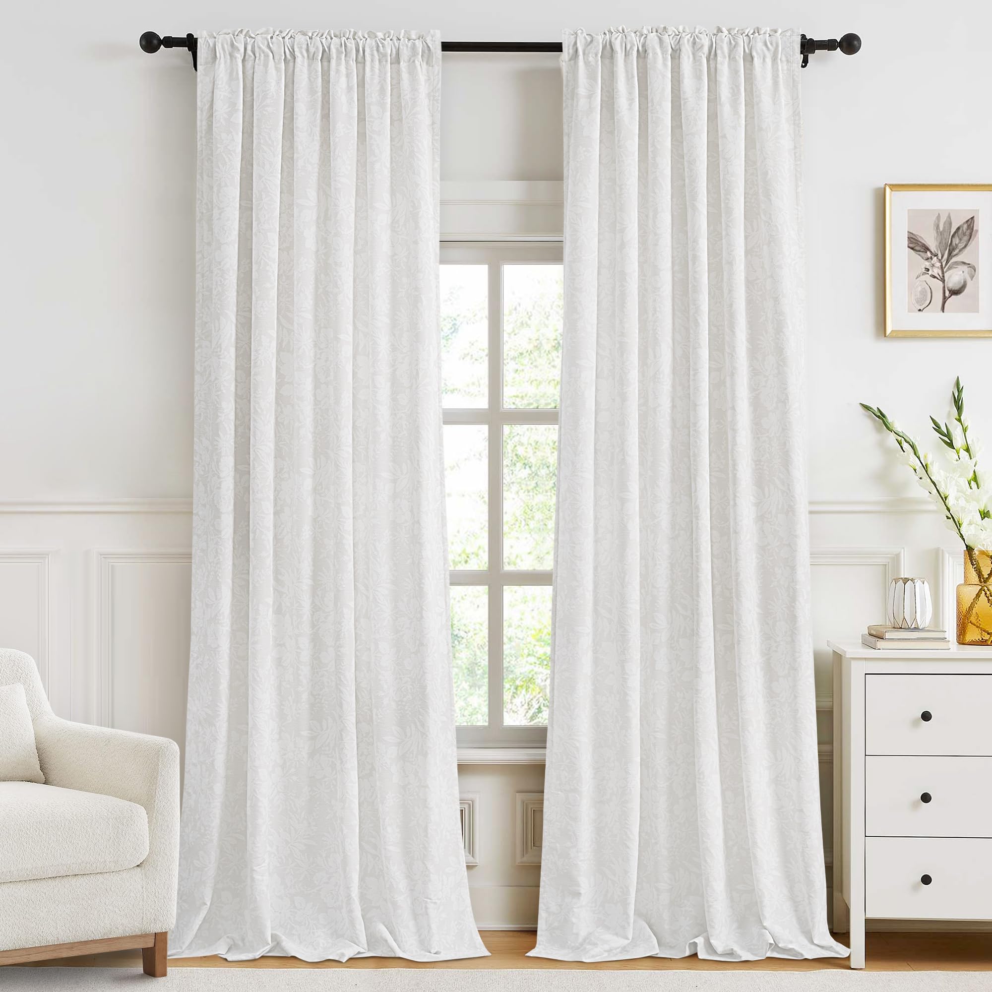 Cream Curtains 96 inch Length 2 Panel Set, White Floral Light Filtering Curtain Cotton Textured for Living Room Bedroom Soft Window Drapes with Rod