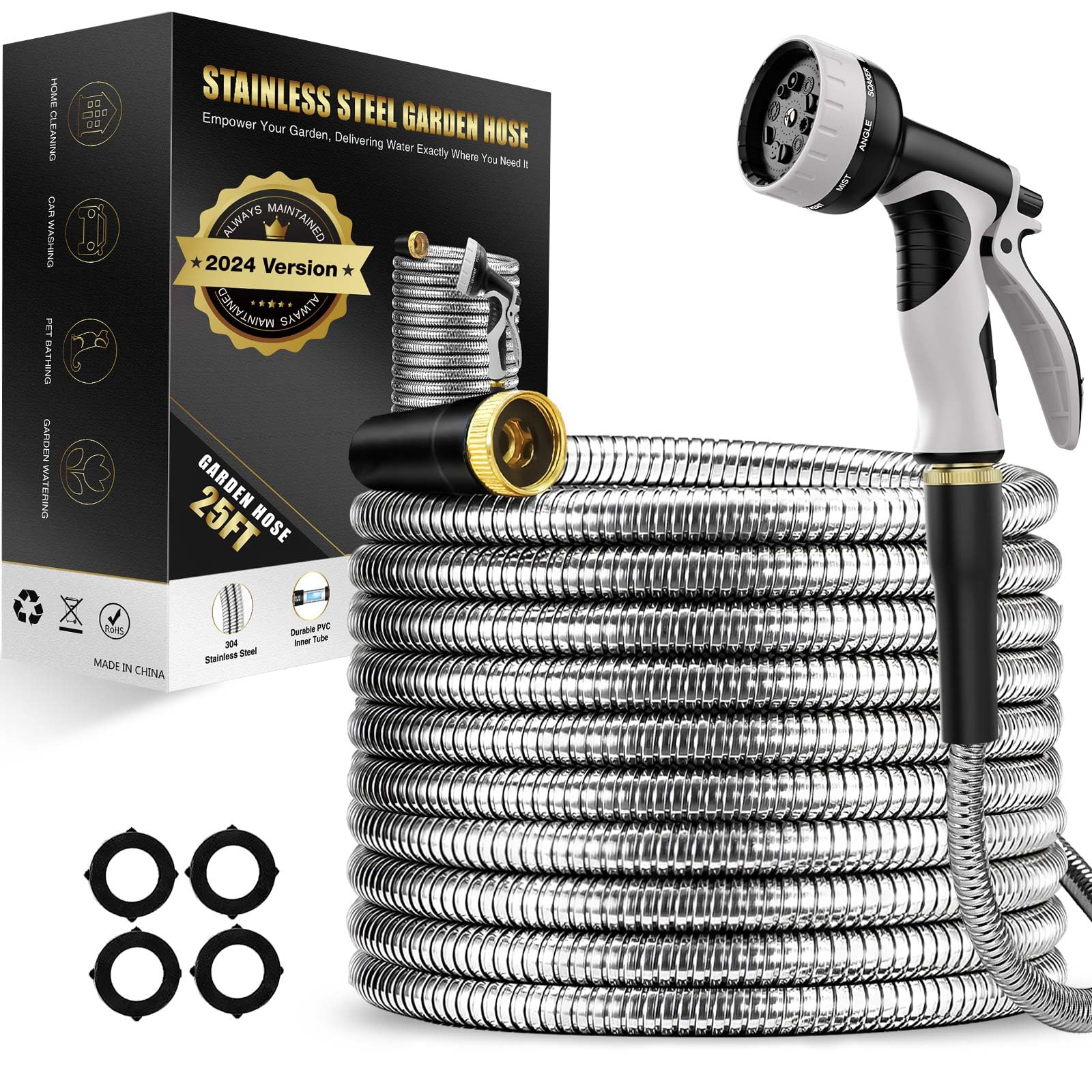 Lefree Garden Hose 25ft, Metal Garden Hose with Nozzle, Leak Proof Water Hose, 3/4" Fittings Metal Hose for Yard, Flexible Garden Hose, Never Kink & Tangle, Heavy Duty Metal Water Hose.