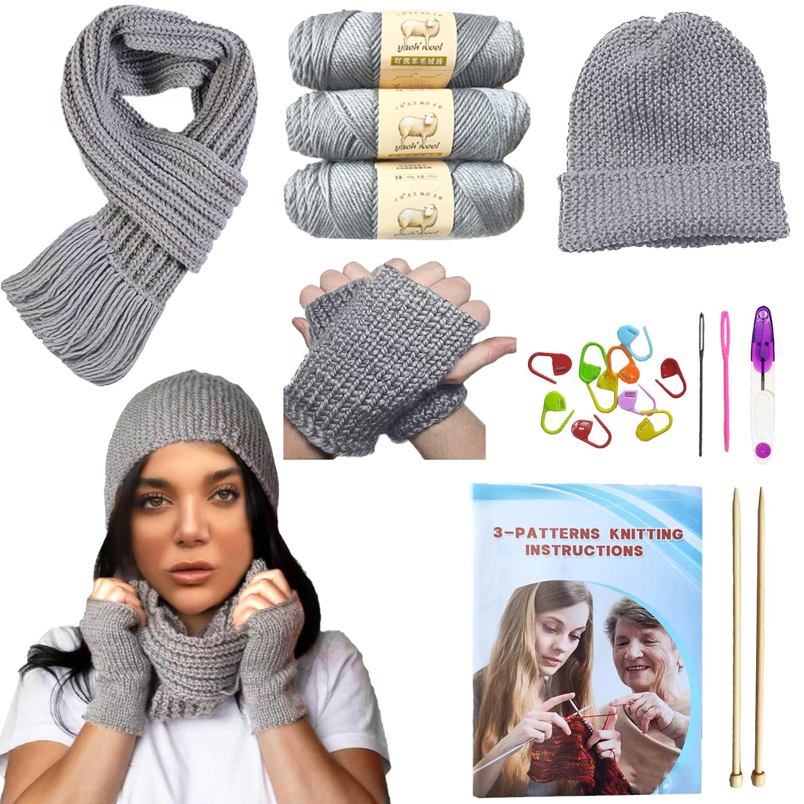 Knitting Kit for Beginners Adults & Kids, Crochet Kit for Beginners with Step-by-Step Guide, Learn to Knit Starter Bundle for Scarves, Hats & Gloves Includes Wool Yarn, Needles & Accessories (Gray)