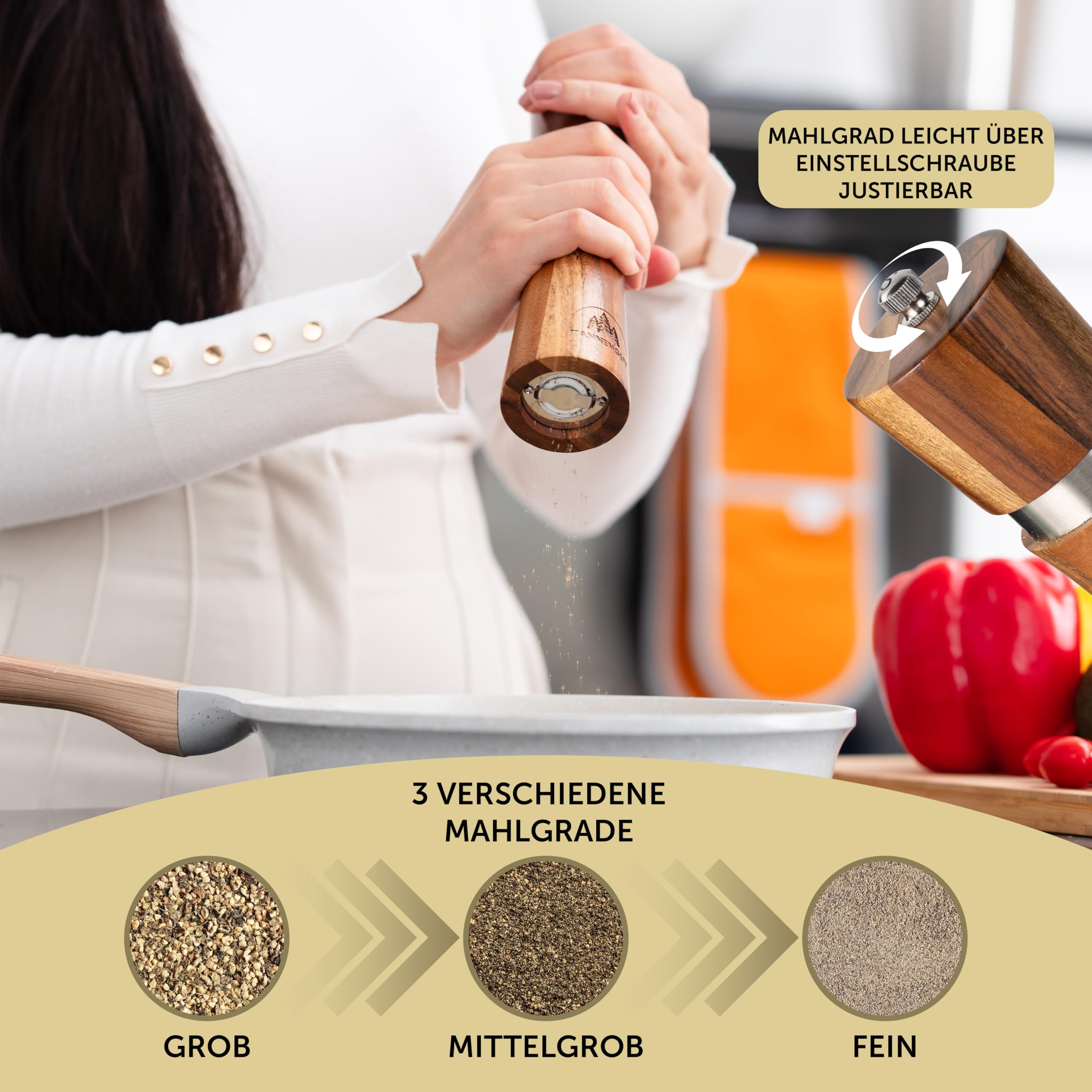 Salz und Pfeffermühle (5-teilig) Gewürzmühlen aus Holz mit Untersetzer Löffel und Bürste Keramikmahlwerk Akazienholz Design Premium Magnetbox