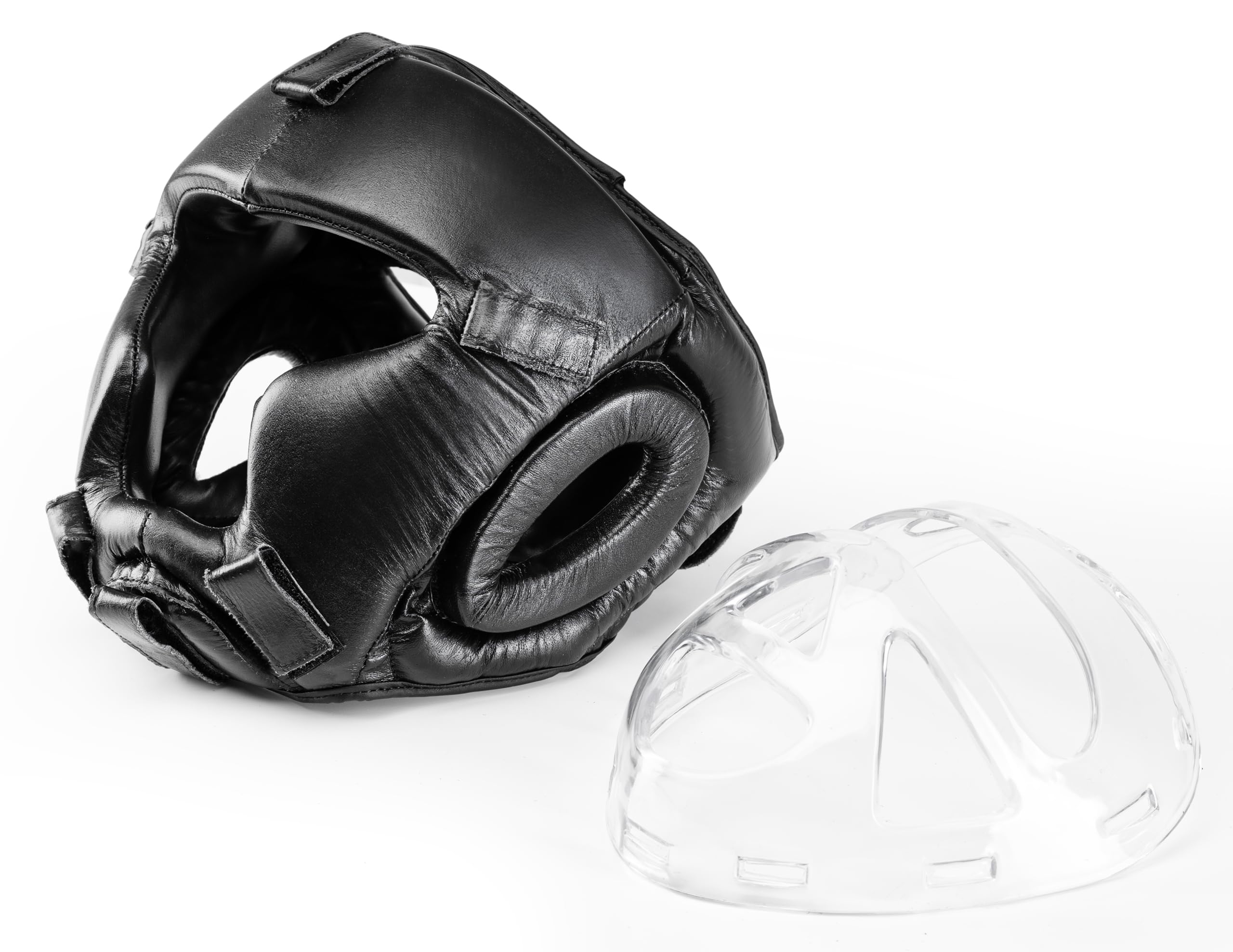 Evolution kask bokserski ze skóry naturalnej z przezroczystą kratką, ochrona głowy, boks do kickboxingu, sportów walki, treningu MMA, treningu bokserskiego, sparingów