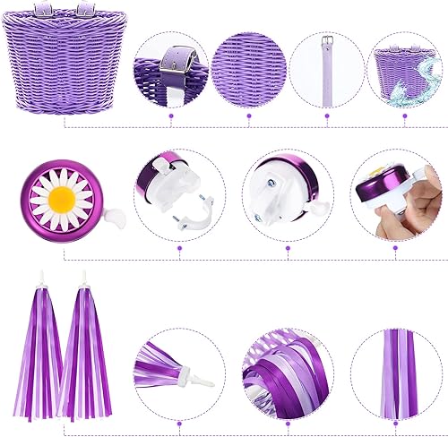 Miniatura 10 de Juego de serpentinas de cesta de bicicleta para niños, cesta de mimbre para manillar de bicicleta con 2 luces LED para rueda de bicicleta,