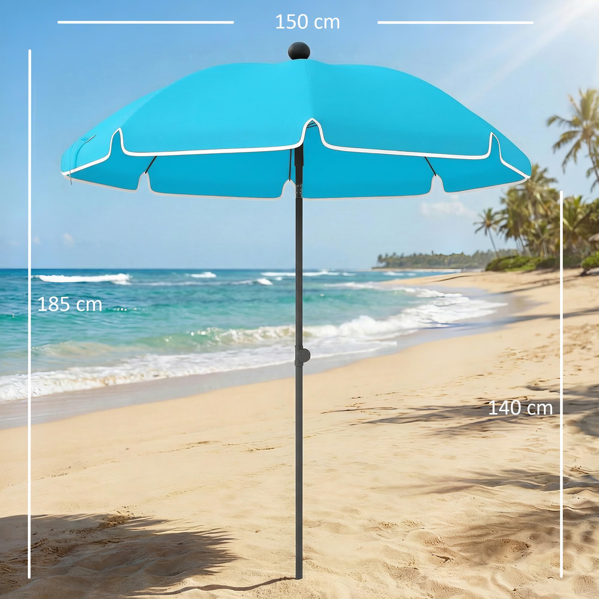 Outsunny Sonnenschirm Strand Ø150 cm Strandschirm mit Sonnenschutz wasserabweisend, Balkon-Schirm mit verstellbarem Neigungswinkel Sandanker, Tragetasche, Gartenschirm für Camping Reisen, Blau