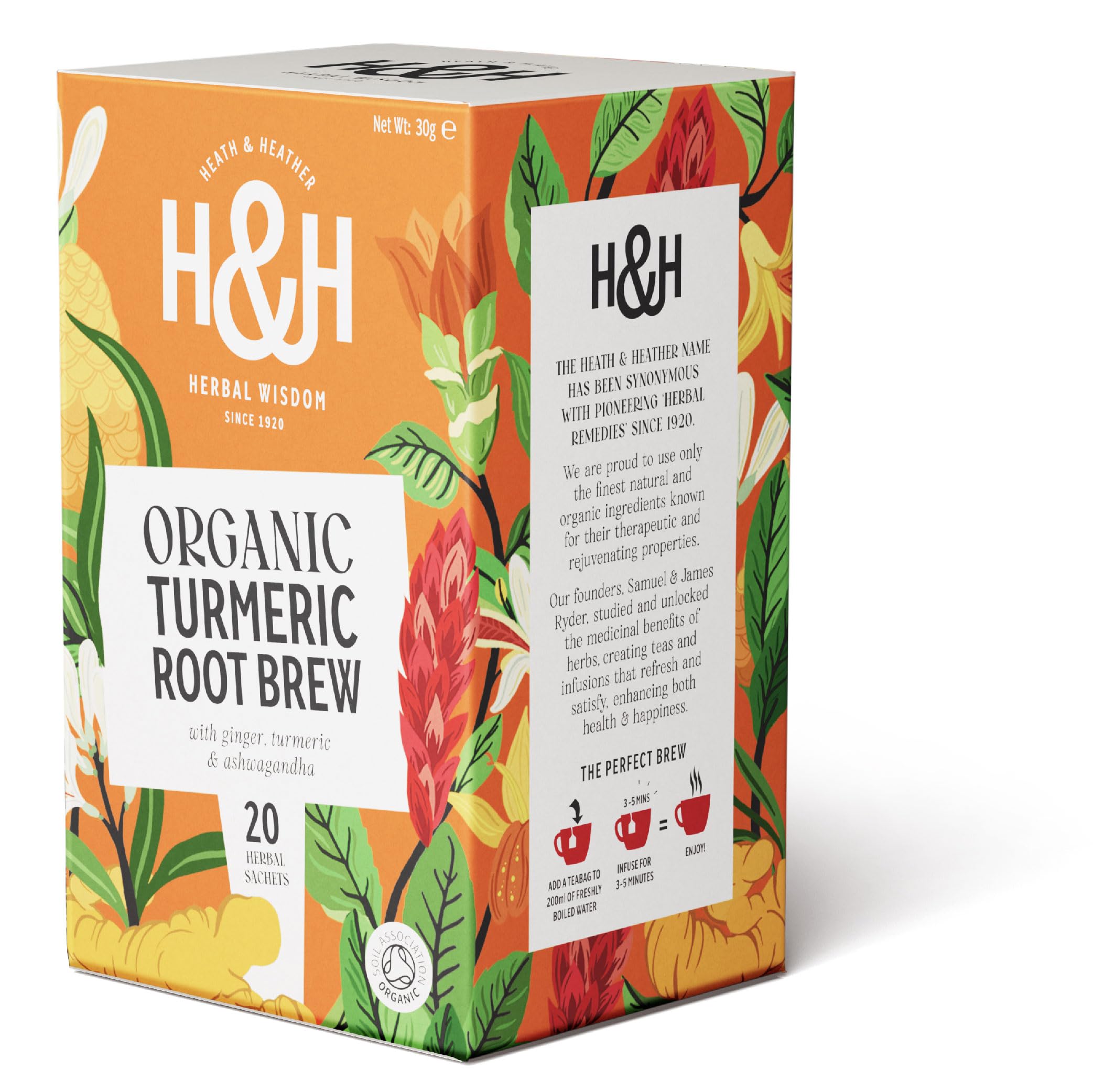 Heath & Heather - Organic Turmeric Root Brew Tea with Ginger & Ashwagandha • Adaptogenic Blend • Caffeine-Free • Vegan • Anti-Inflammatory Herbal Infusion • 20 Tea Bags