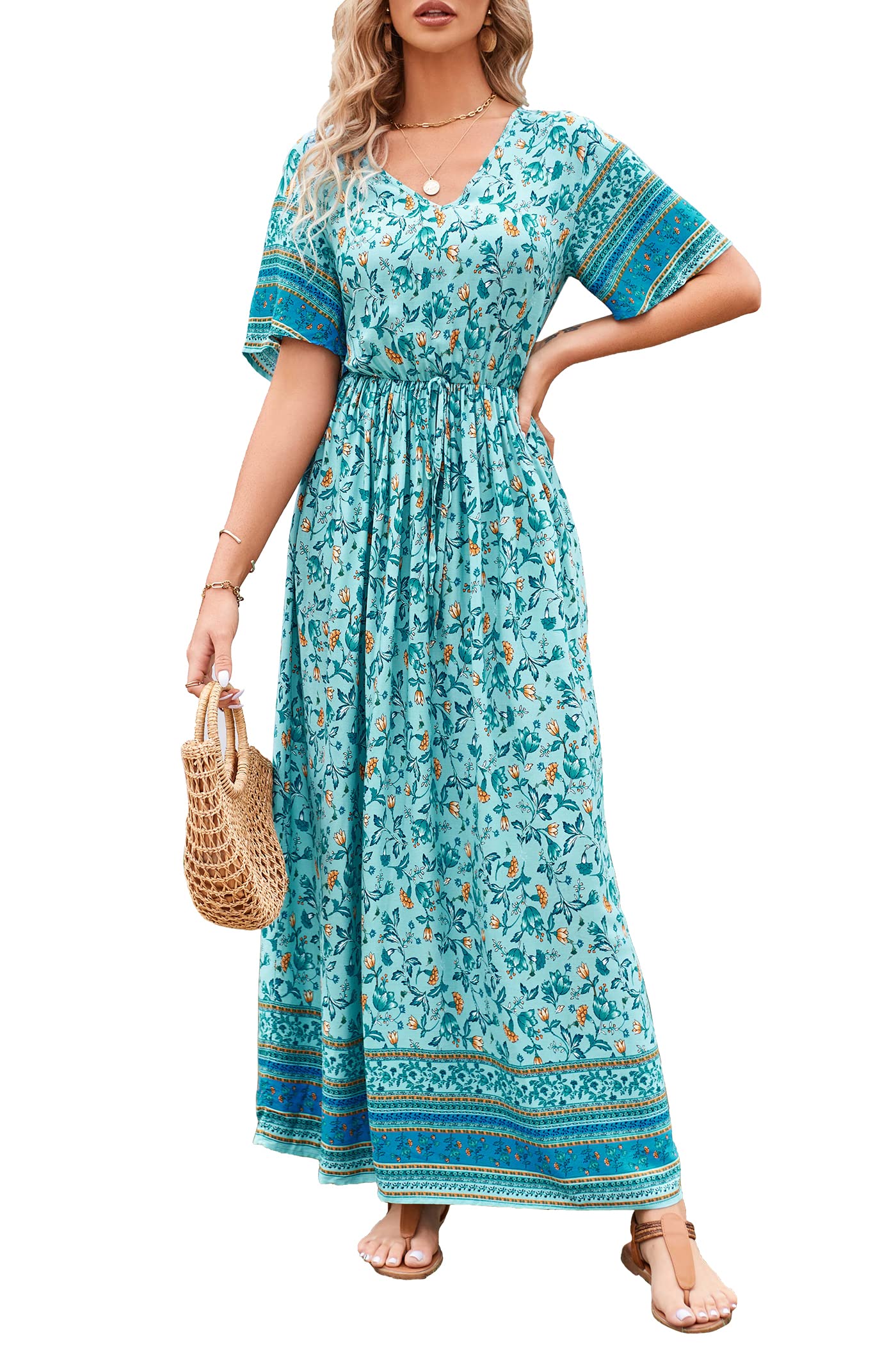 PRETTYGARDEN Women's Casual Summer Boho Floral Print Dress V Neck Short Sleeve High Waist Long Maxi Beach Dresses