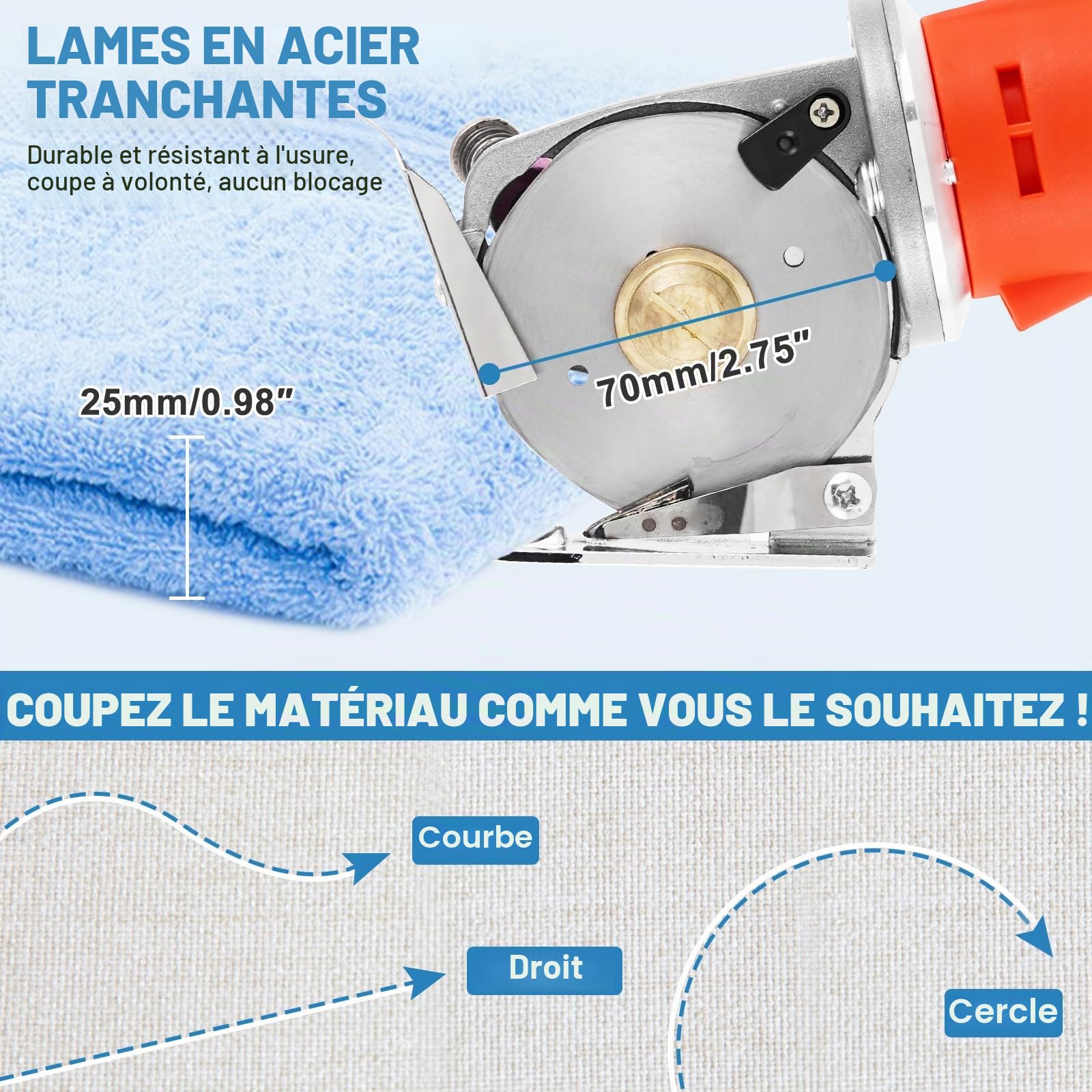 MXBAOHENG ciseaux à tissu sans fil électrique coupe ronde épaisseur de coupe maximale 25mm pour couper le tissu/tapis/cuir/caoutchouc/carton (2 piles 2 lames, Orange)