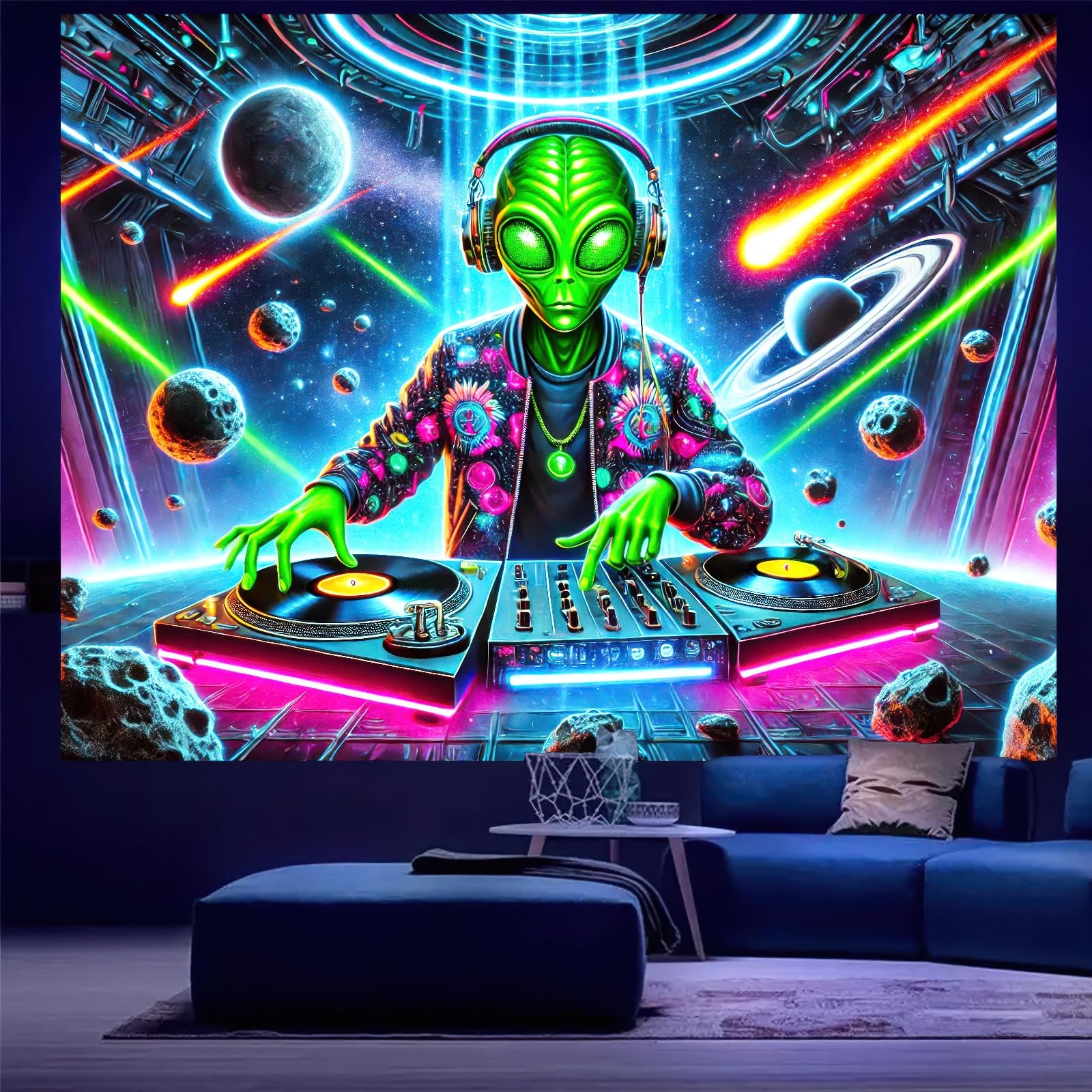 BlissYard Blacklight DJ Tapestry 78x59 inches UV Reactive Black Light Animal Tapestries Art Mural Living Room Dorm Blankets Party Gifts Men Bedroom