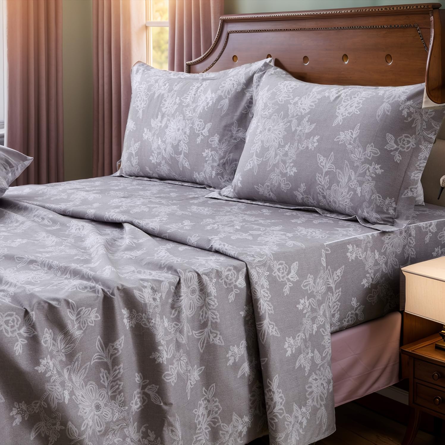 FADFAY Sheet Set King Farmhouse Bedding Shabby Floral Vintage Bedding 100% Cotton Super Soft Hypoallergenic White and Grey Deep Pocket Fitted Sheet 4-Pieces King Size