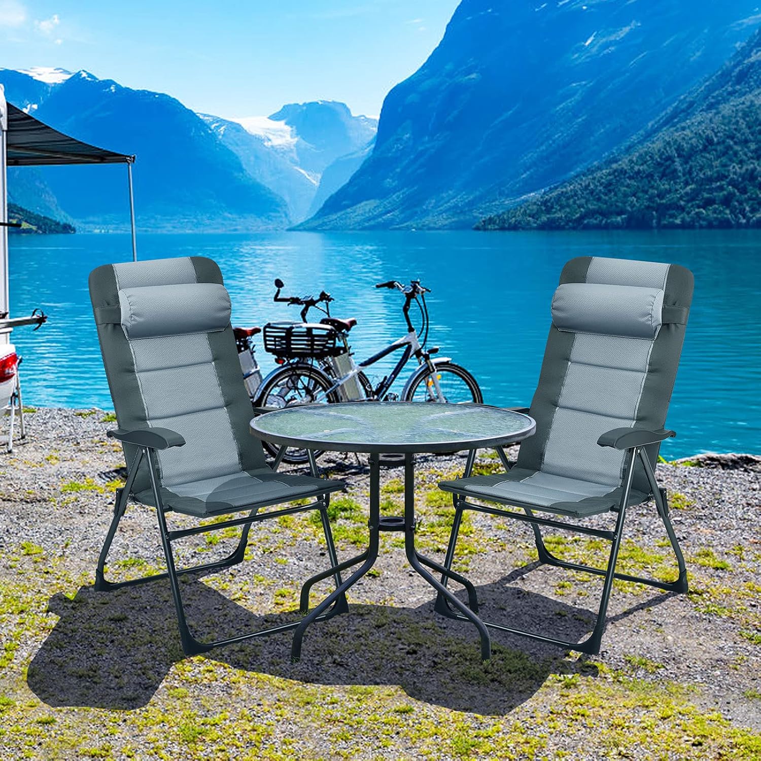 ORALNER Set of 2 Folding Recliner Chairs, Outdoor Patio Chairs with Footstool, 7-Position Adjustable Backrest, Headrest, Portable Lounger Lawn Chairs for Camping, Deck Poolside Backyard, Grey
