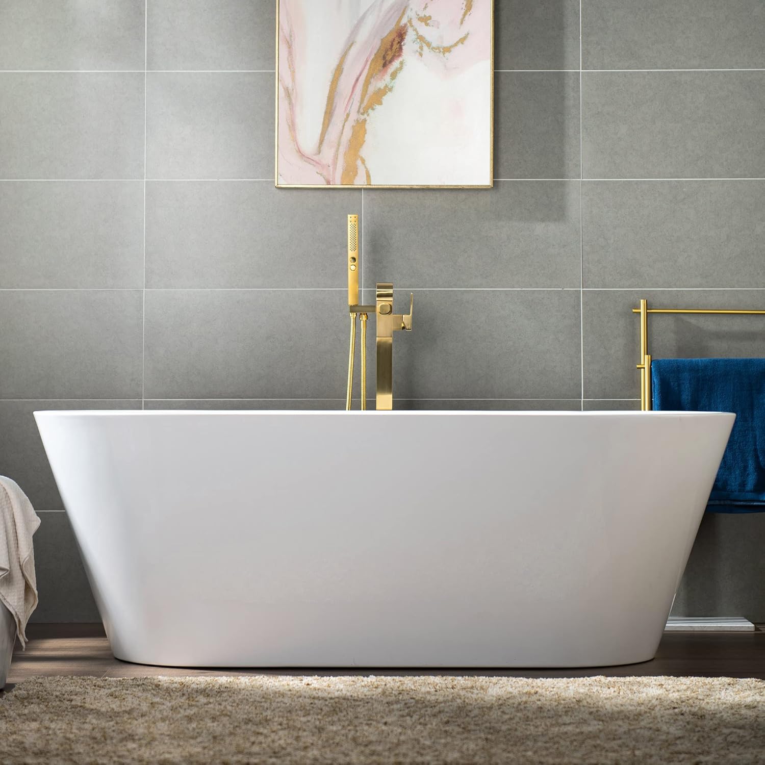 WOODBRIDGE F0039BG Contemporary Single Handle Floor Mount Freestanding Tub Filler Faucet with Hand shower in Brushed Gold Finish