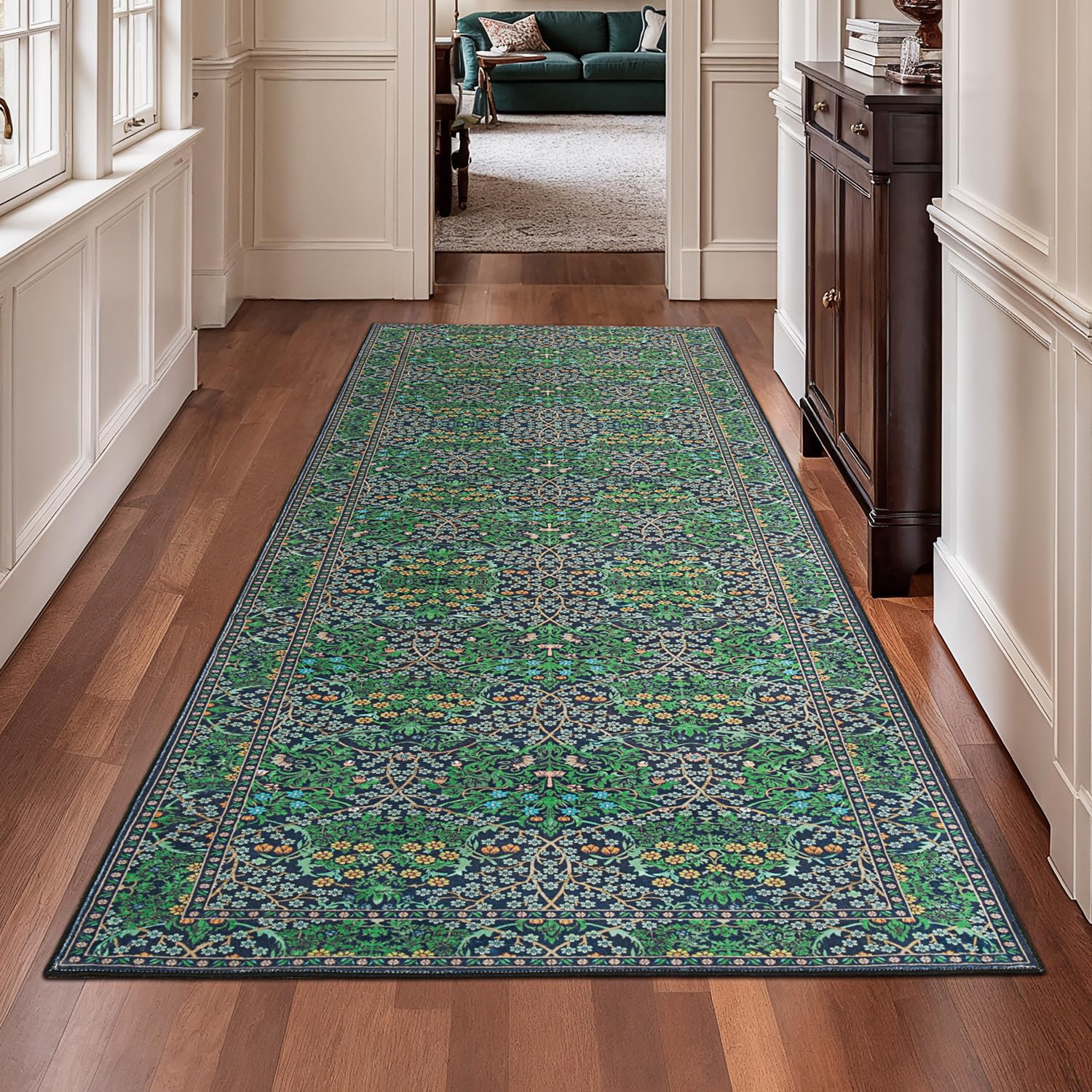Lessymo Washable Hallway Runner Rug with Rubber Backing, Non Slip 8ft Long Floor Runner for Kitchen, Entryway Indoor, Stain Resistant Soft Boho Vintage Floral Botanical Carpet (2'7"x8' Forest Green)