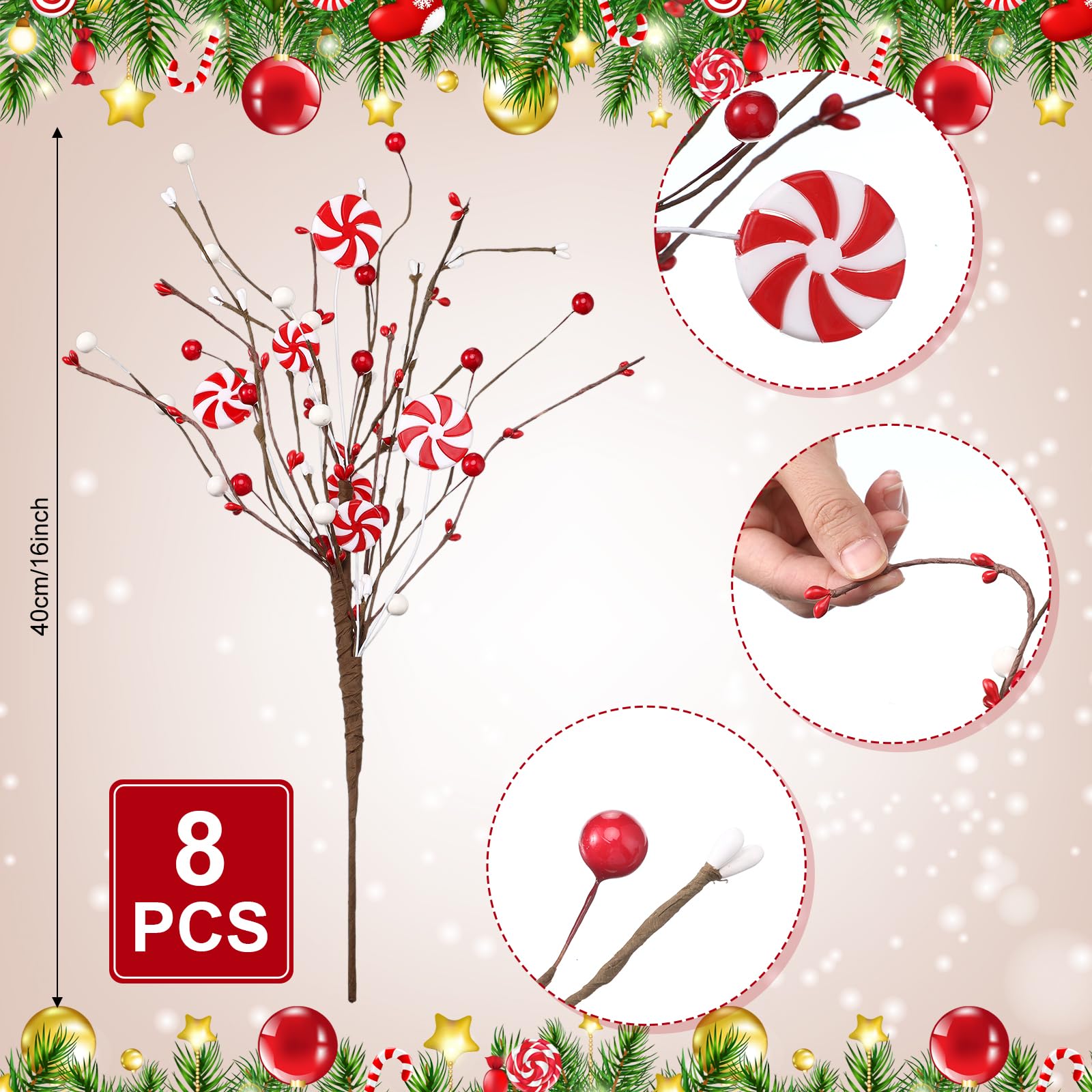 8 Pcs Christmas Tree Flower Picks Artificial Berries Stem Decoration Flower Vase Filler Ornament Table Centerpiece Picks Spray for Halloween Christmas Tree Topper DIY Home Decor (Red,Candy Cane)