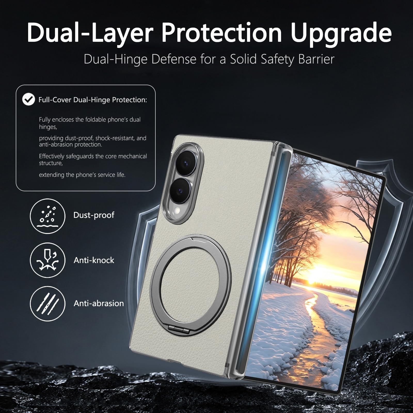 Custodia magnetica for Samsung Galaxy Z Fold 8, con supporto girevole ad anello in metallo Custodia protettiva con cerniera in pelle antiscivolo(Black)