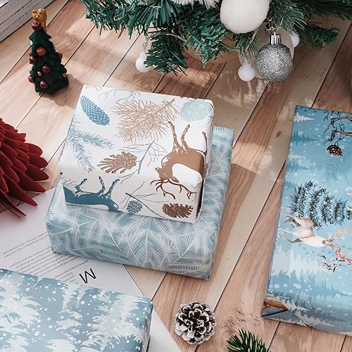 Miniatura 5 de Whaline 12 piezas de papel de regalo de Navidad, papel de regalo de reno de invierno, papel plegable a granel, plano azul, para árbol de Navidad,