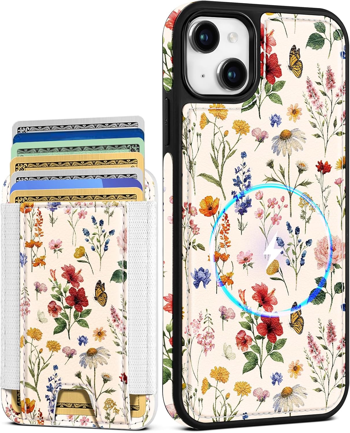 Shorogyt for iPhone 13 Wallet Case - Fits 5 Cards, Compatible with Magsafe Detachable Magnetic Credit Card Holder Leather Cardholder Cute Phone Cover Women Girls for Apple 13, Floral