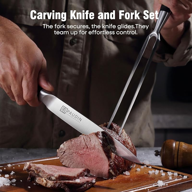 PAUDIN Carving Knife Set - 8" German Steel Turkey Carving Knife and Fork Set With Ergonomic Handle, Full Tang For Meat, Brisket Carving Knife and Fork Set - 8 inch
