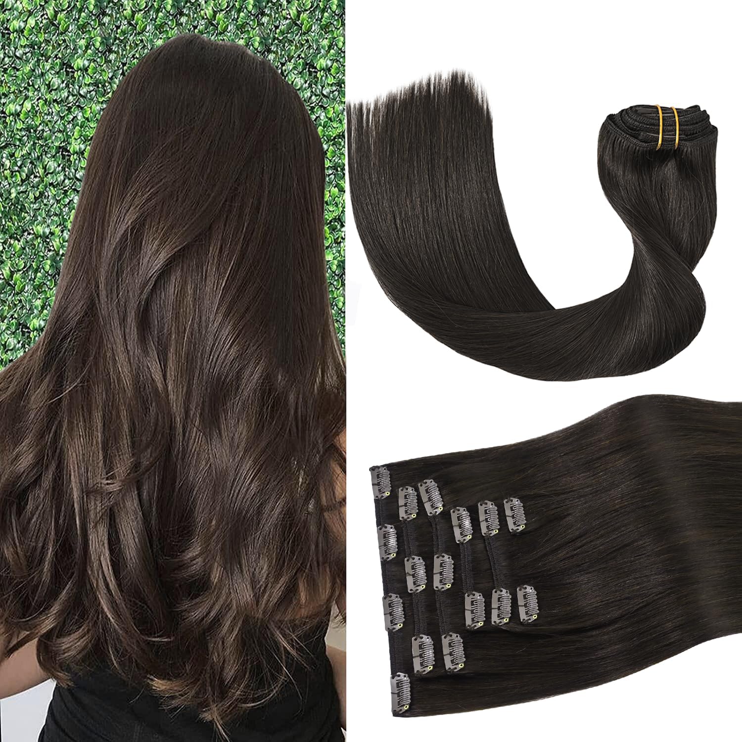 Aison Clip in Hair Extensions Real Human Hair 70G Dark Brown 100% Remy Human Hair Clip in Hair Extensions Soft Silky Straight for Fashion Women 15 Inches 7pcs 16clips