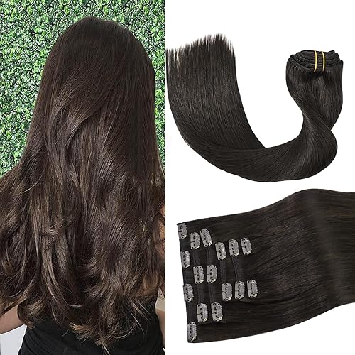 Aison Extensiones de cabello humano real con clip, color marrón oscuro, 2.47 onzas, extensiones de cabello humano Remy con clip, 12 pulgadas, suave,