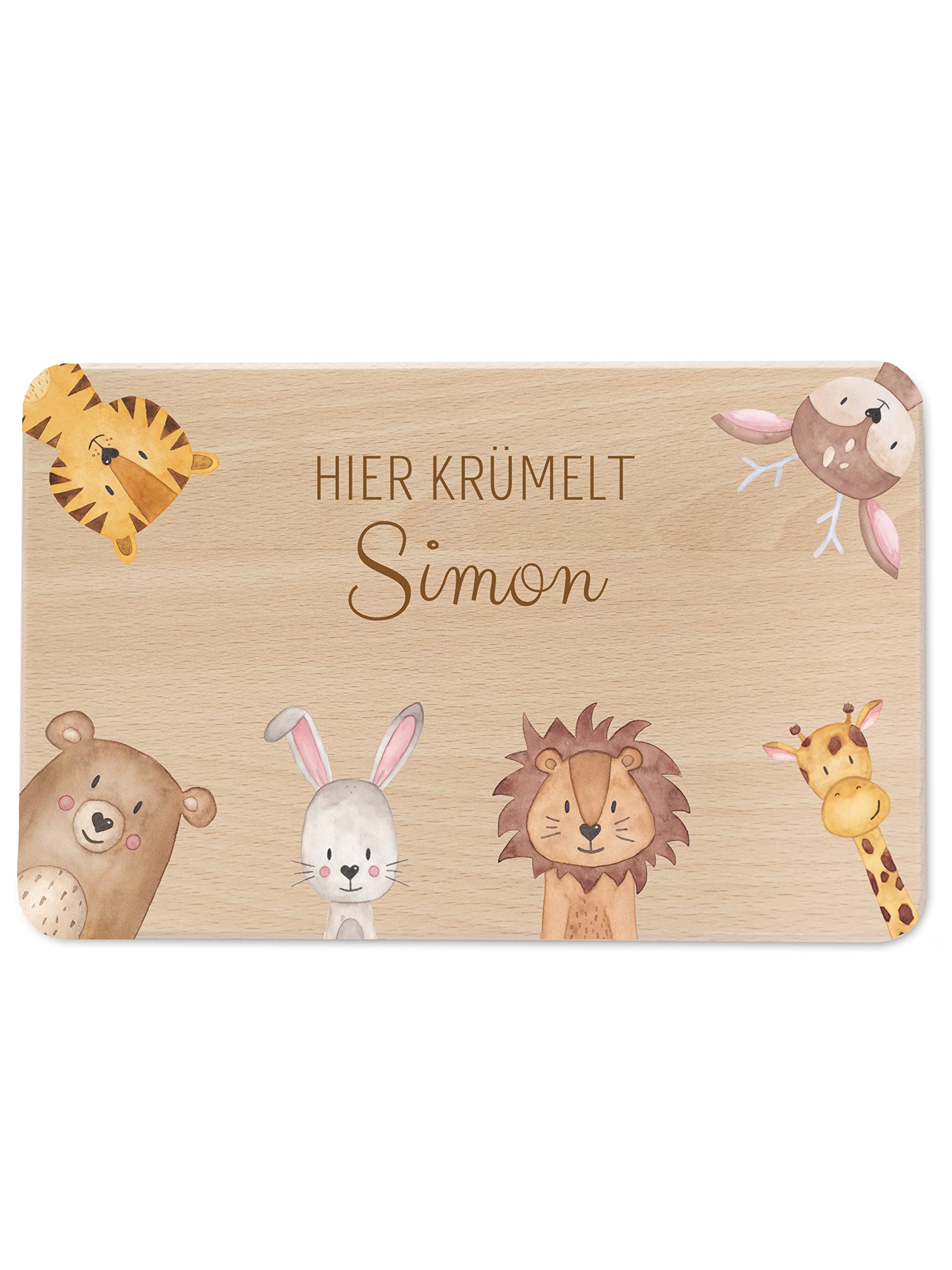wunderwunsch - Individuelles Holzbrett mit Hochwertigem UV-Druck für Kinder - Personalisiertes Frühstücksbrettchen - Niedliche Motiv-Brettchen mit Namen und Tieren (Tiere in Ecken)