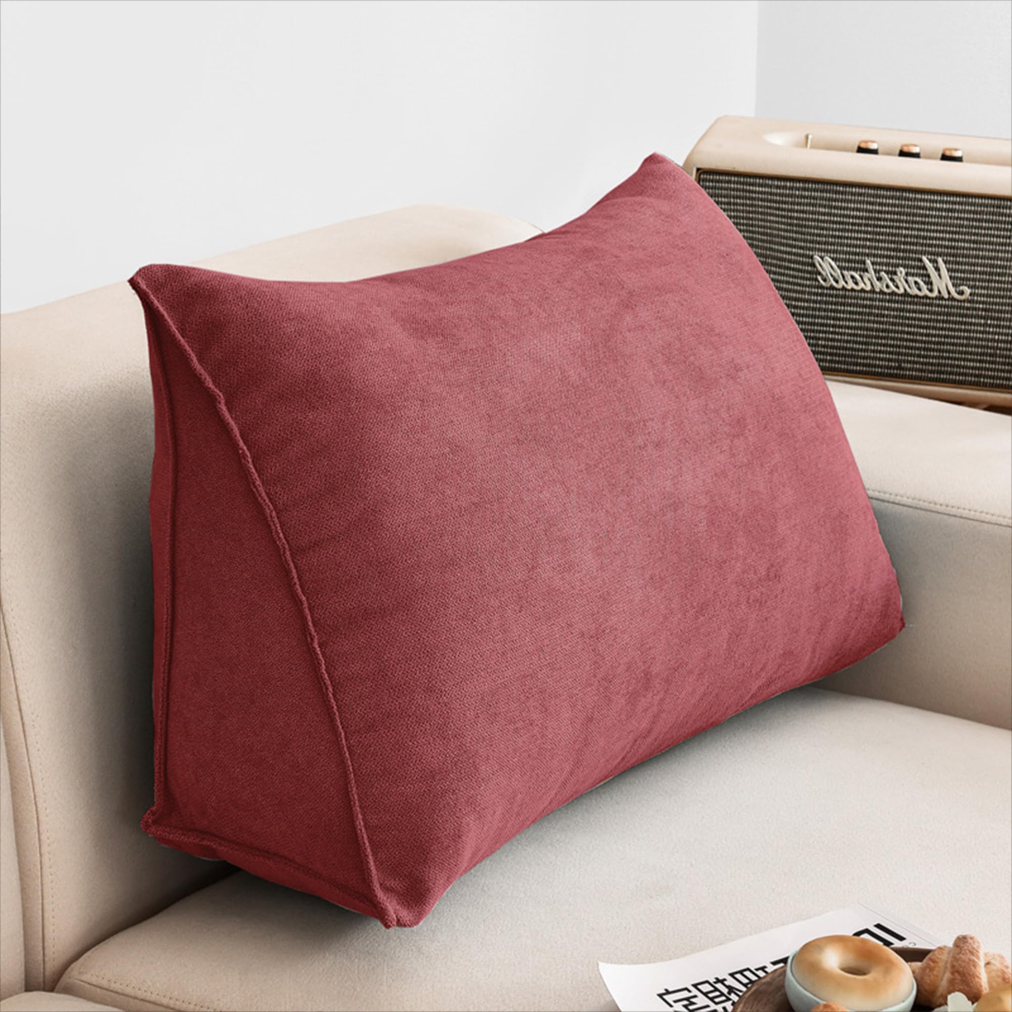 Cojín triangular de posicionamiento para respaldo, almohadas de apoyo lumbar, almohadas de lectura, cojines de cabecera con funda extraíble para libros, juegos (120 x 35 x 20 cm, rojo)