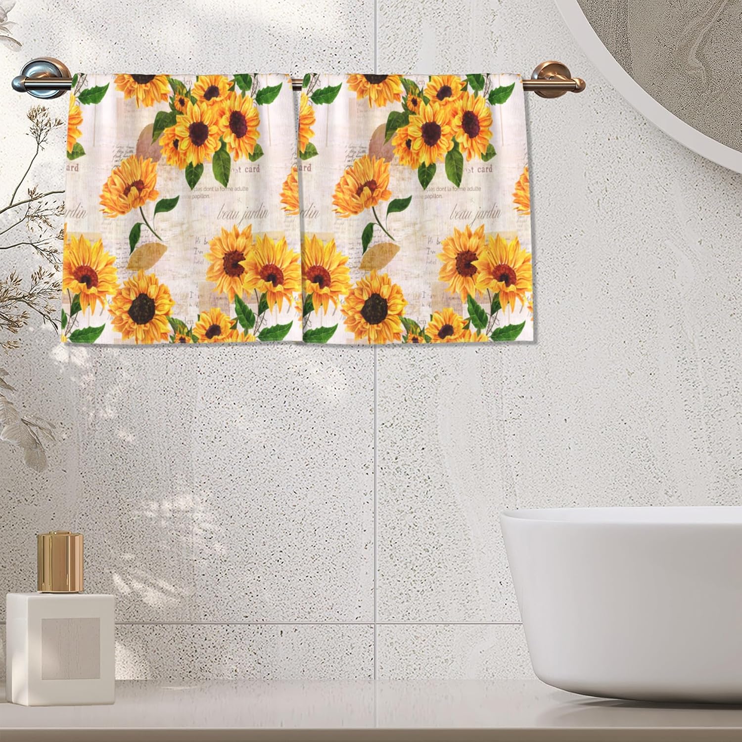 Vintage Sunflower Hand Towels for Bathroom,Yellow Flower Hand Bath Towels Soft Absorbent Dish Towels for Kitchen Bathroom Gym Beach Decorative Towels,Set of 2 - Image 8