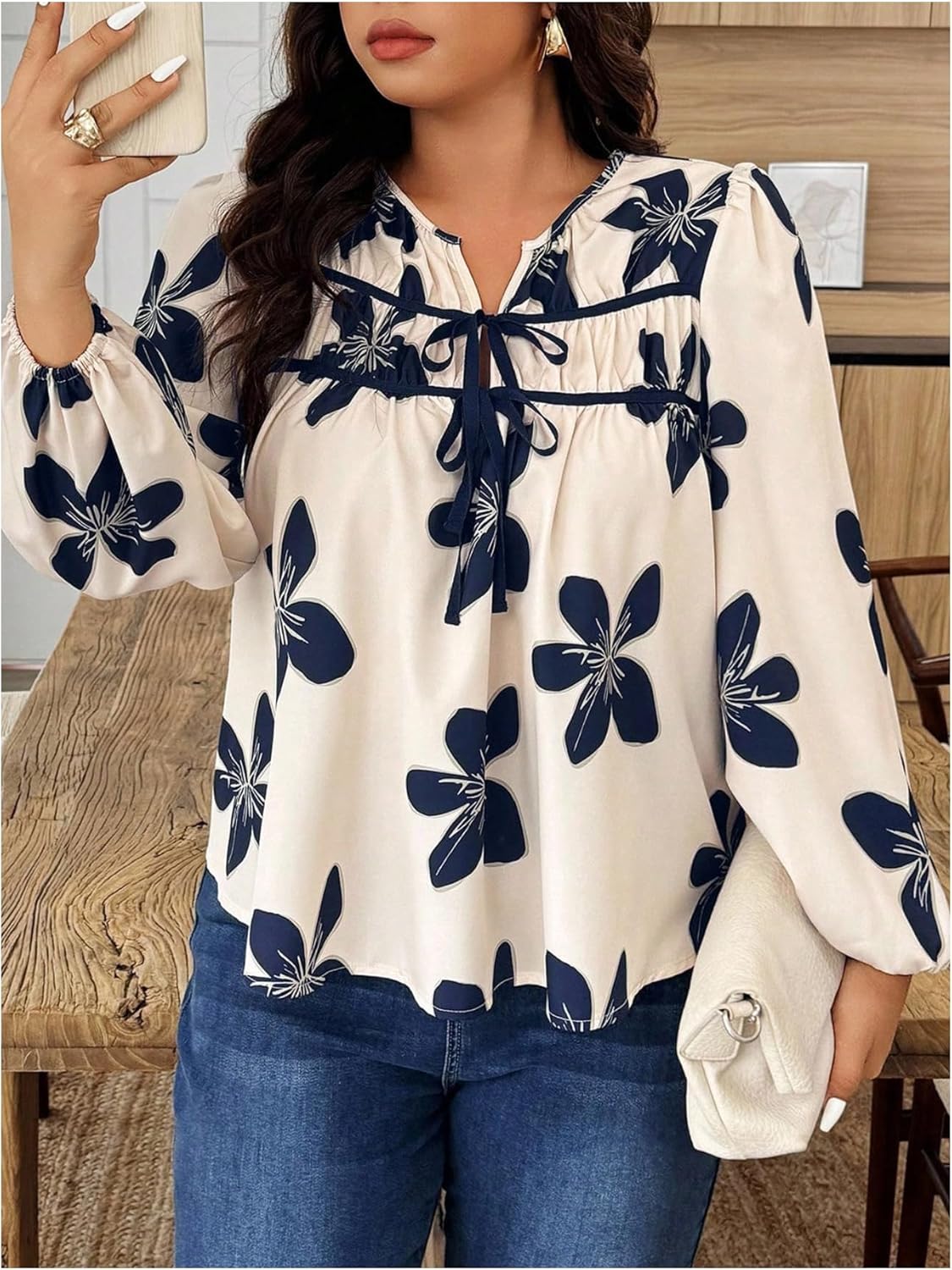 SHENHE Women's Plus Size Floral Lantern Long Sleeve Fall Blouse Tie Bow V Neck Dressy Casual Top - Image 4