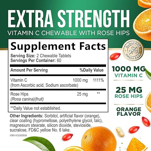 Miniatura 2 de Vitamin C Chewable 1000mg - Extra Strength Antioxidants for Powerful Immune Support wVitamin C & Rose HIPS - Potent Dietary VIT C Chews Supplement,