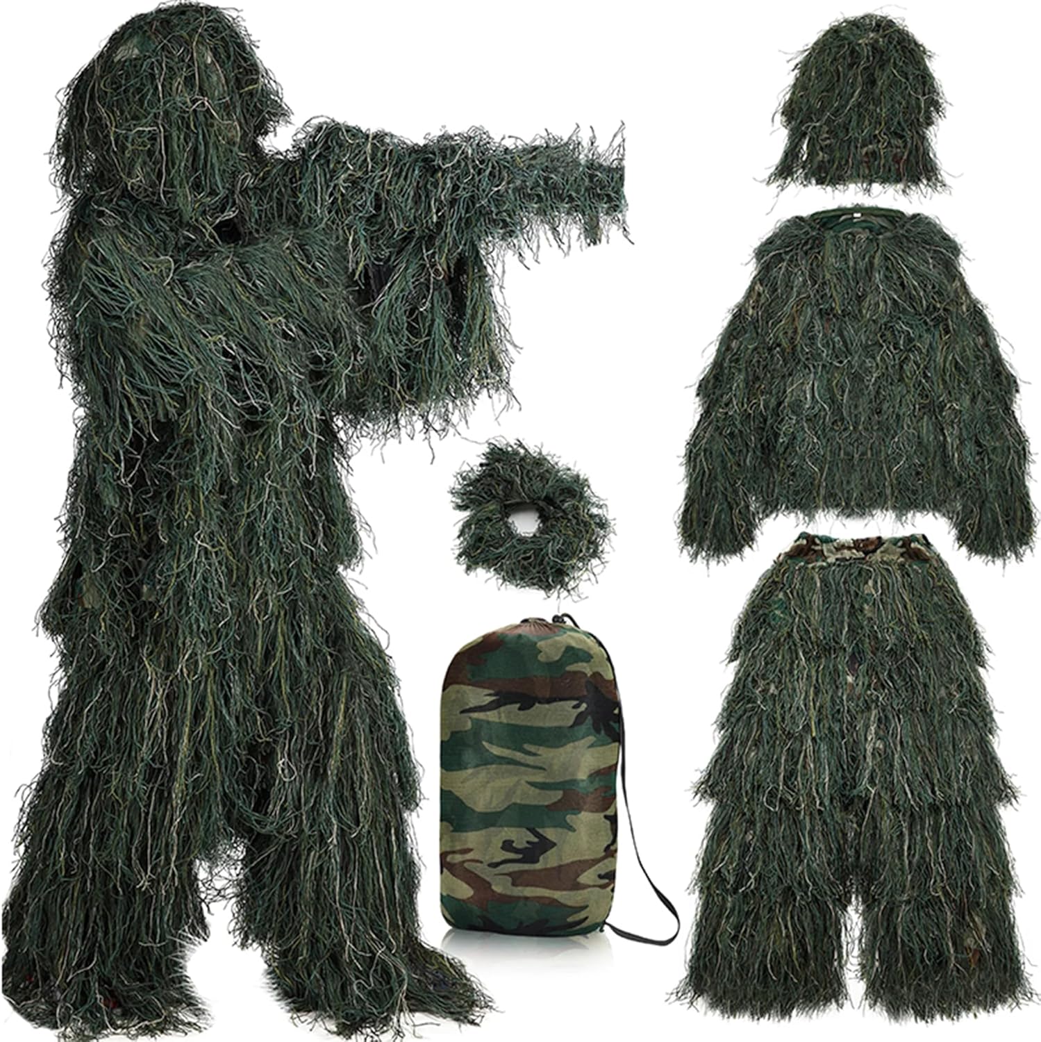 5 in 1 Ghillie Suit,3D Camouflage Hunting Apparel Including Jacket,Pants,Hood,Carry Bag for Kids Adults/Youth Small for Kids