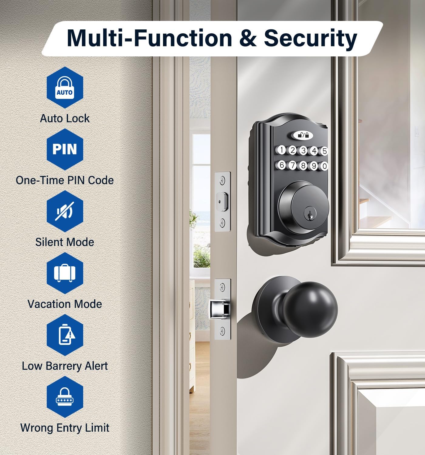 Keyless Entry Door Lock with 2 Knobs, Electronic Backlit Keypad Deadbolt with Handle Set, Auto Lock, One-time Codes, Smart Deadbolt for Front Door, Easy Installation (Matte Black)